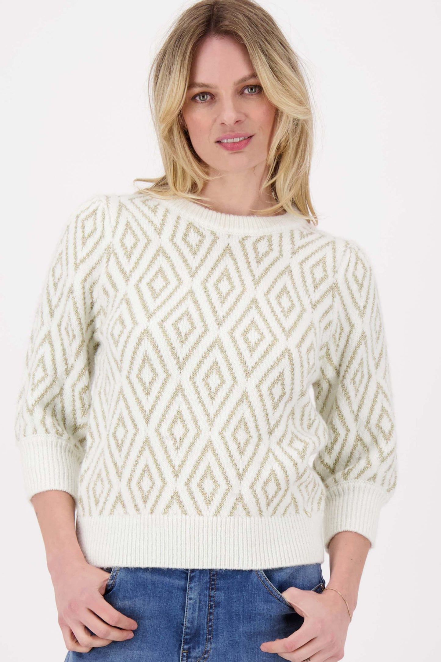 Pofmouw trui met lurex nordic jacquard - Off white/goud