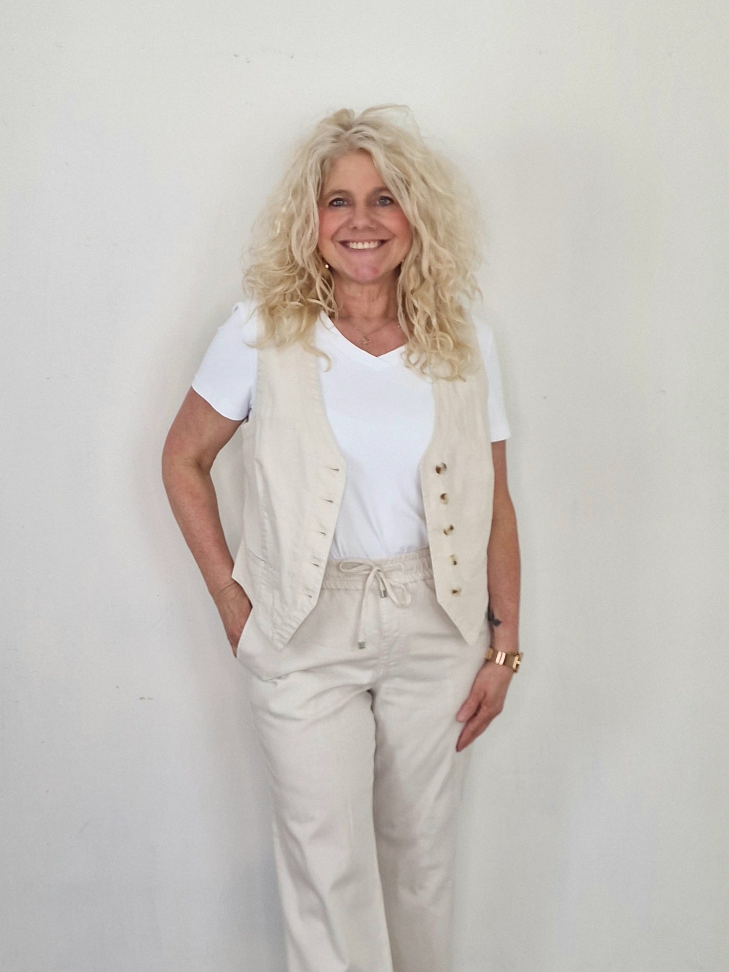 Waistcoat cotton linnen gilet Red Button - Pearl