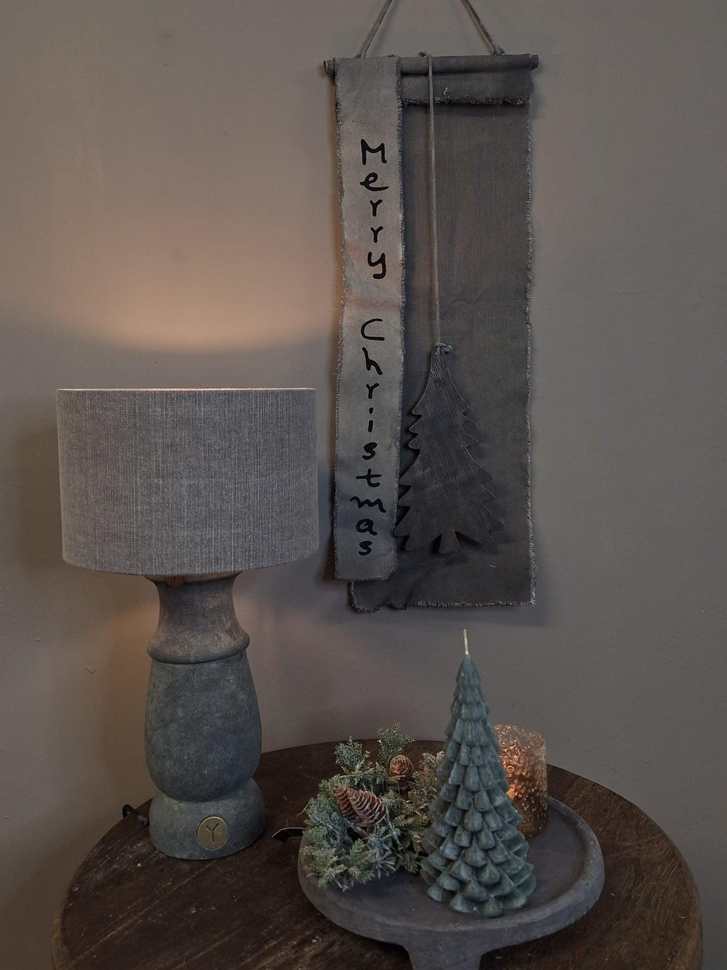 Linnen Wanddoek Merry Christmas met kerstboom ornament - 70x28