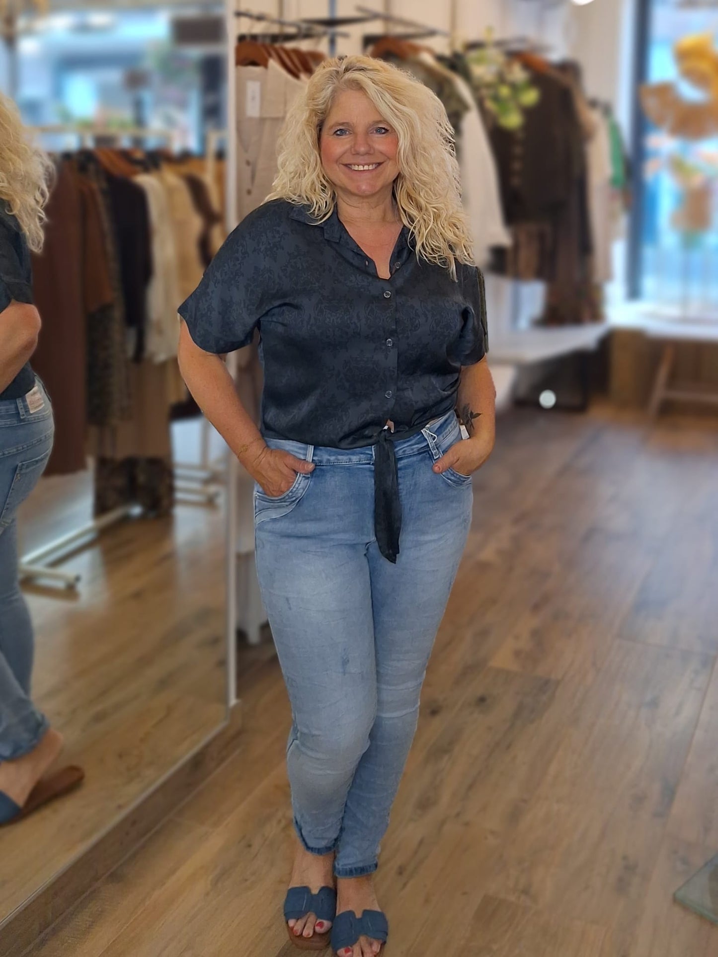 Print blouse silk- Antraciet