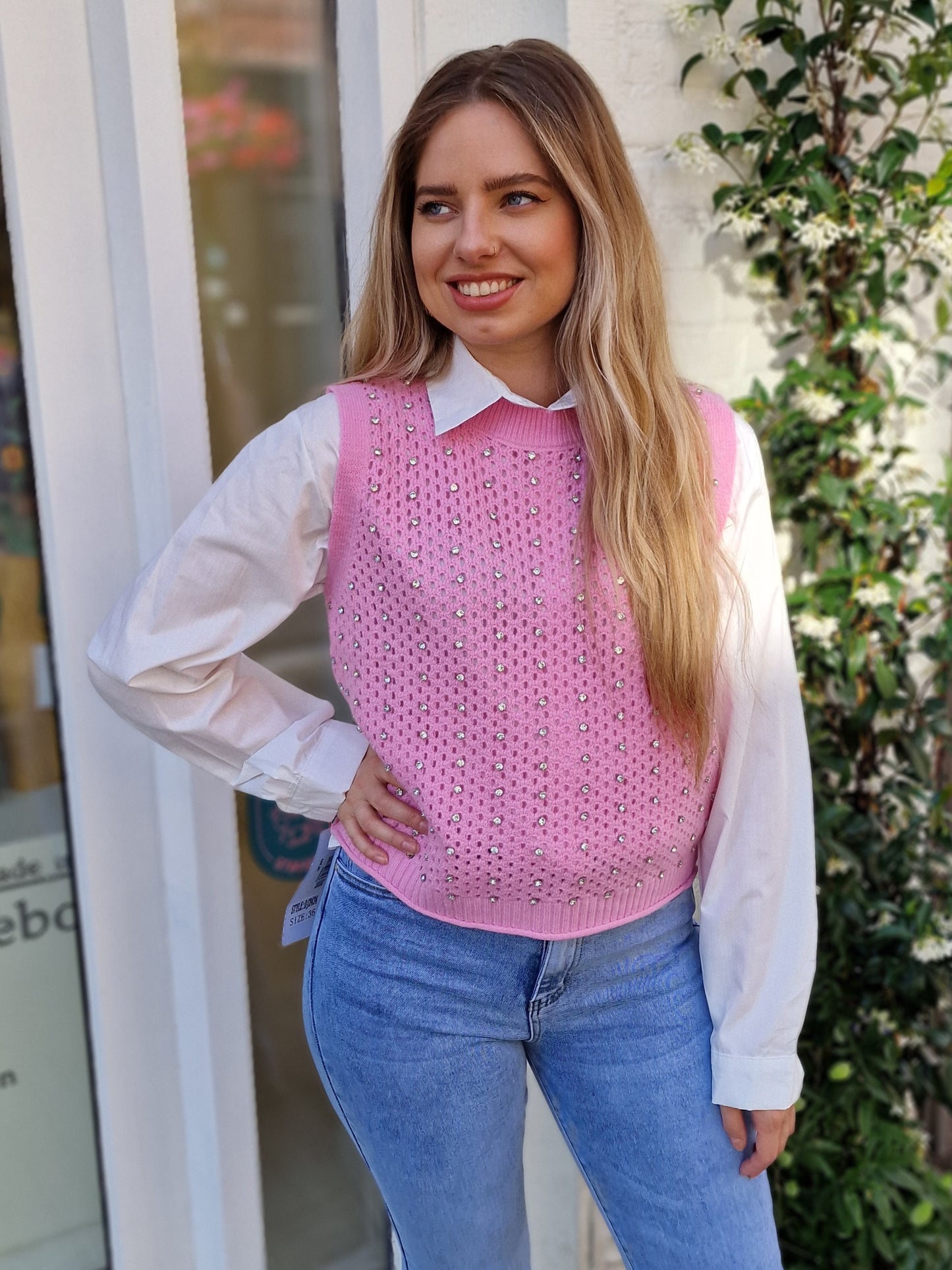 Blouse & spenser- Witte blouse/ spenser roze met glitter steentjes