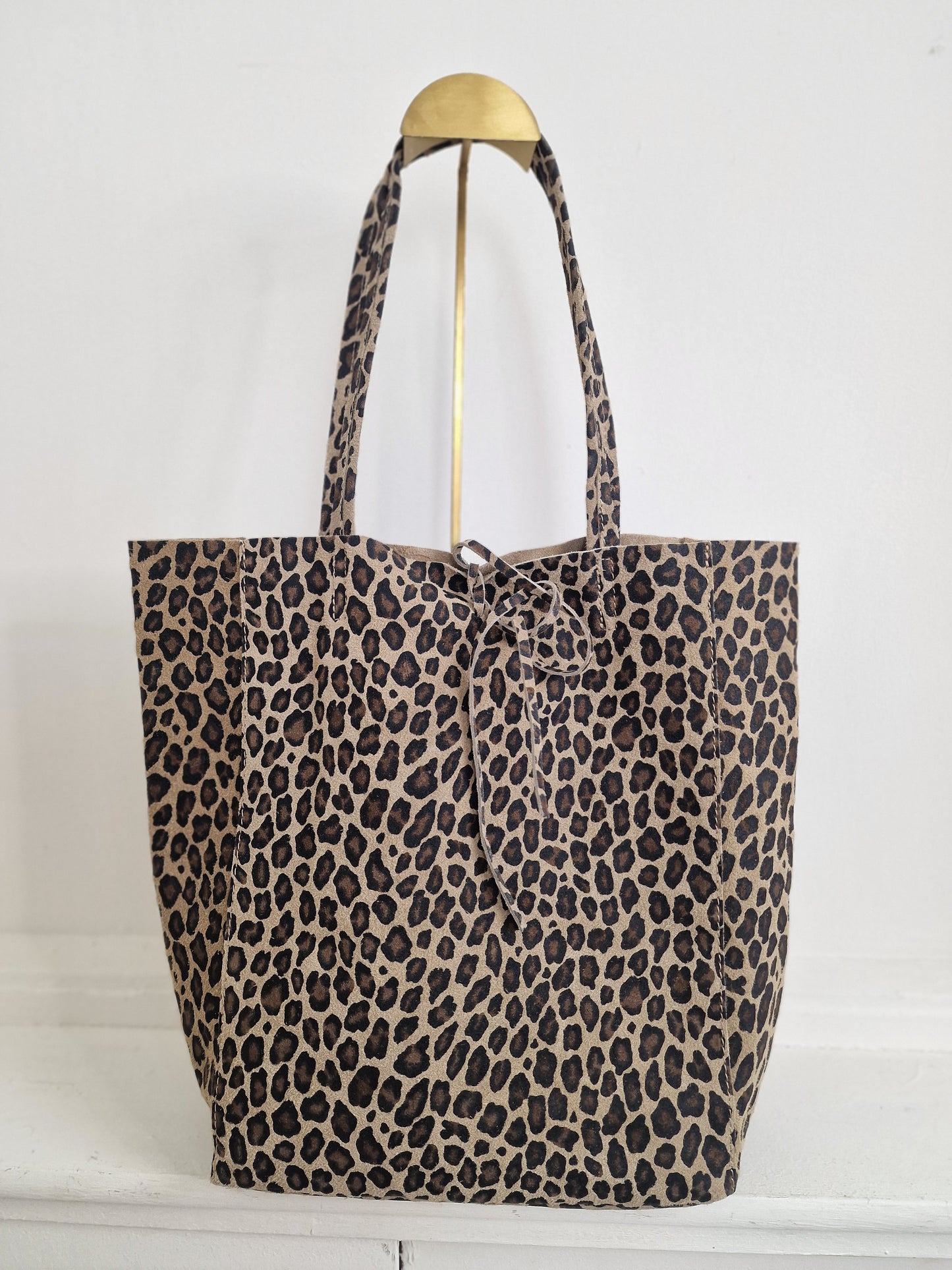 Leopard leren handtas met touwtjes