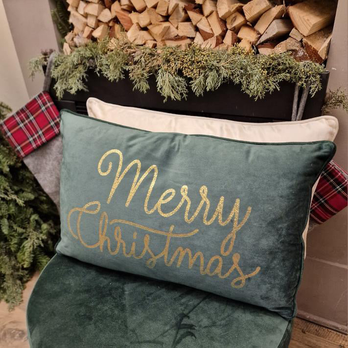 Merry Christmas kussen met verlichtimg- Green 50x30 cm.