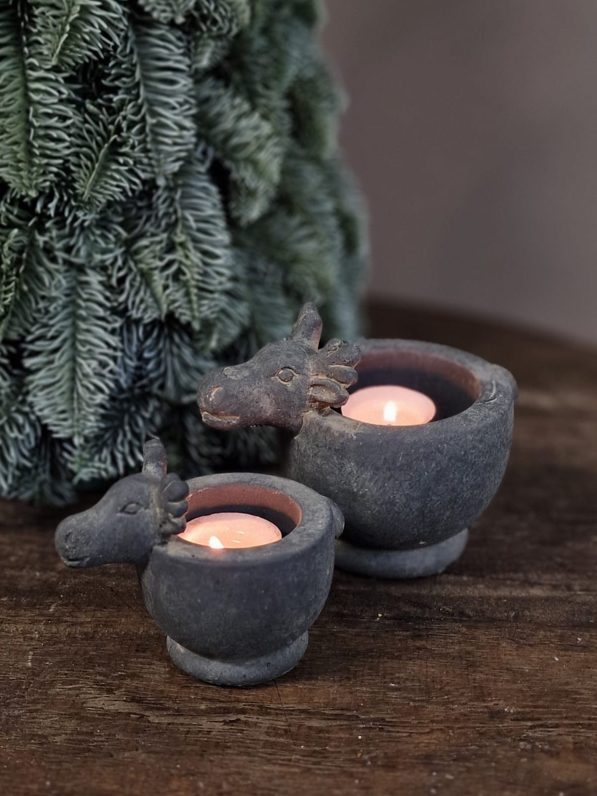 BRYNXZ theelicht kopje Reindeer Majestueus Vintage Medium - Grijs D.15 H.8