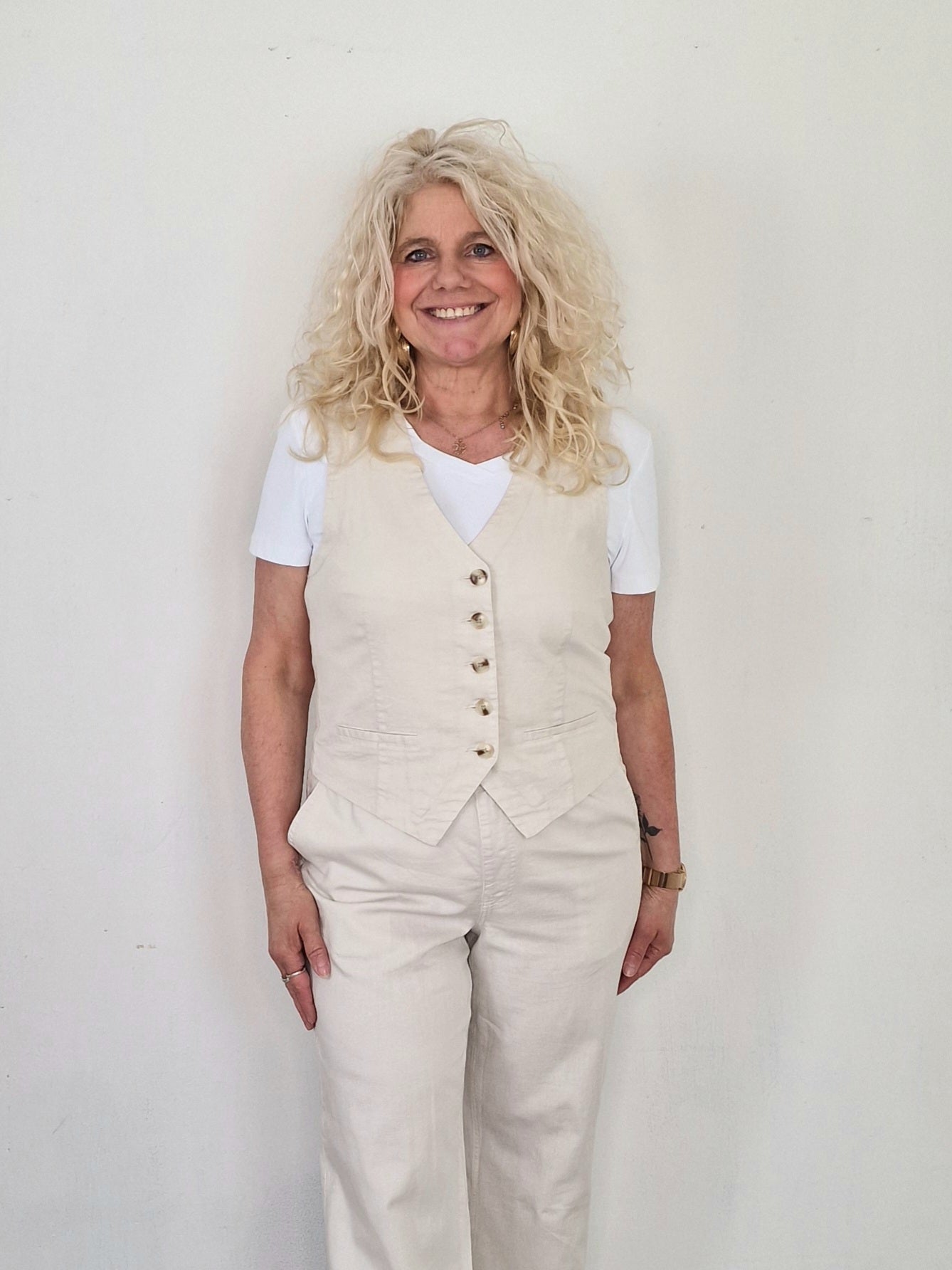 Waistcoat cotton linnen gilet Red Button - Pearl