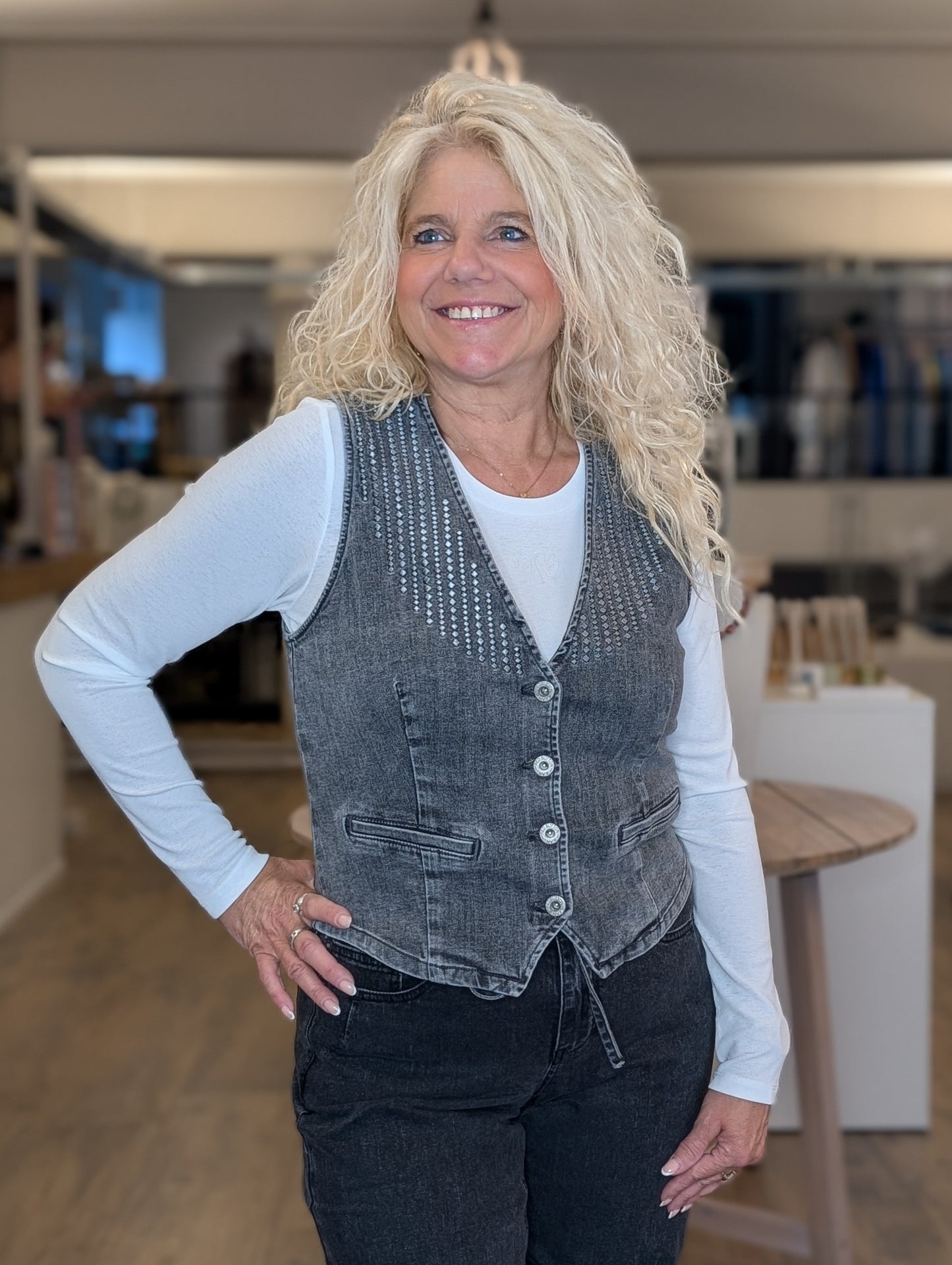 Red Button Waistcoat Embroidery Grey
