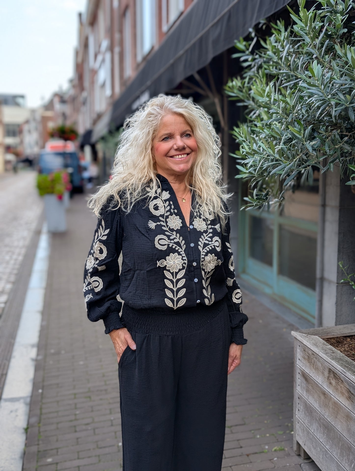 Francoise flower blouse - Zwart / creme