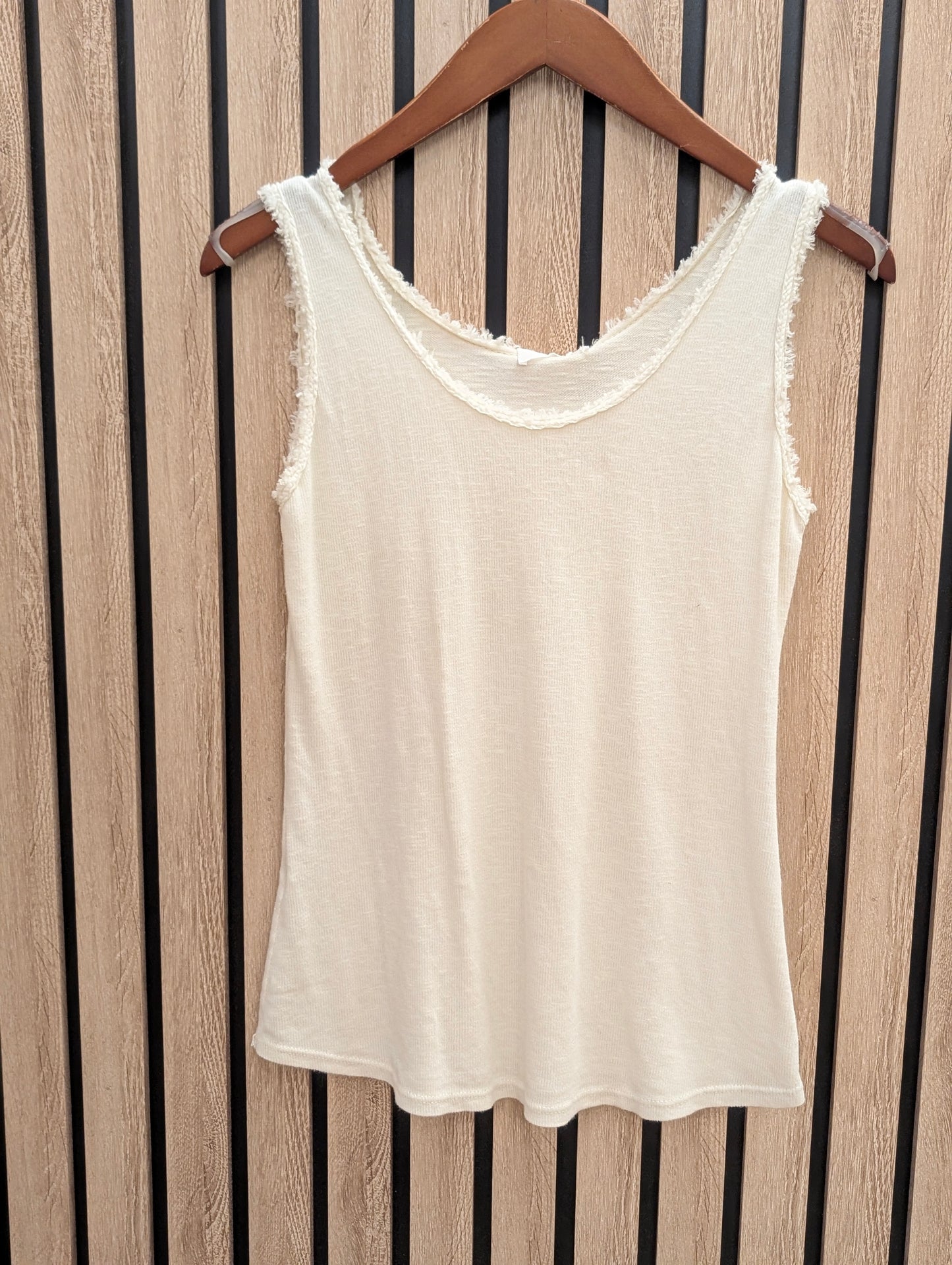 Frayed Edge Ribbed Top - Ecru