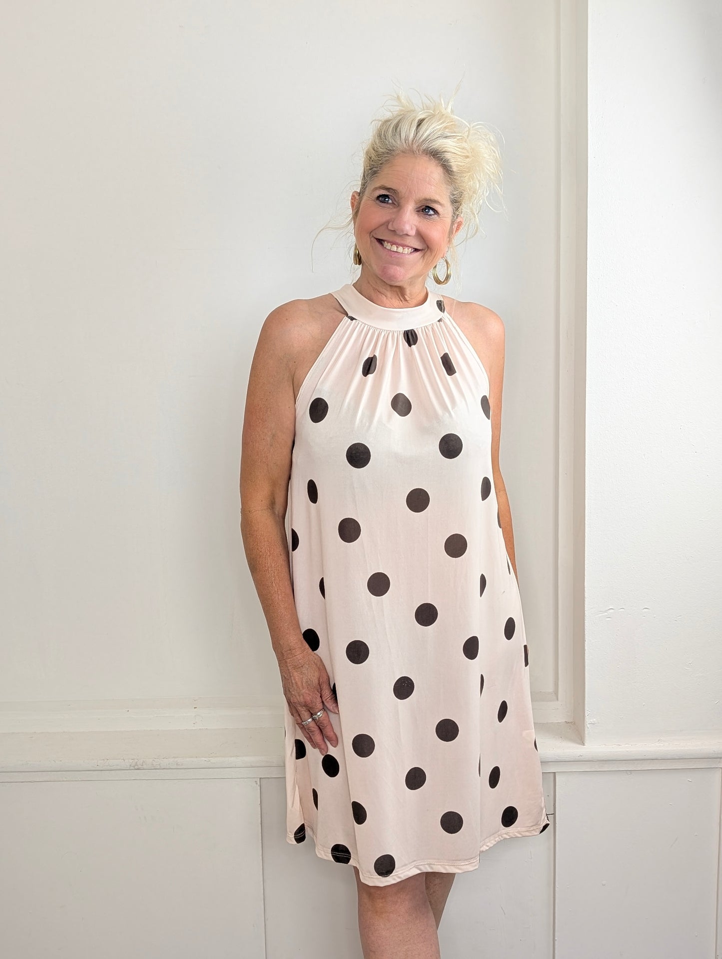 Halterjurk polka dot - Ecru/ bruin