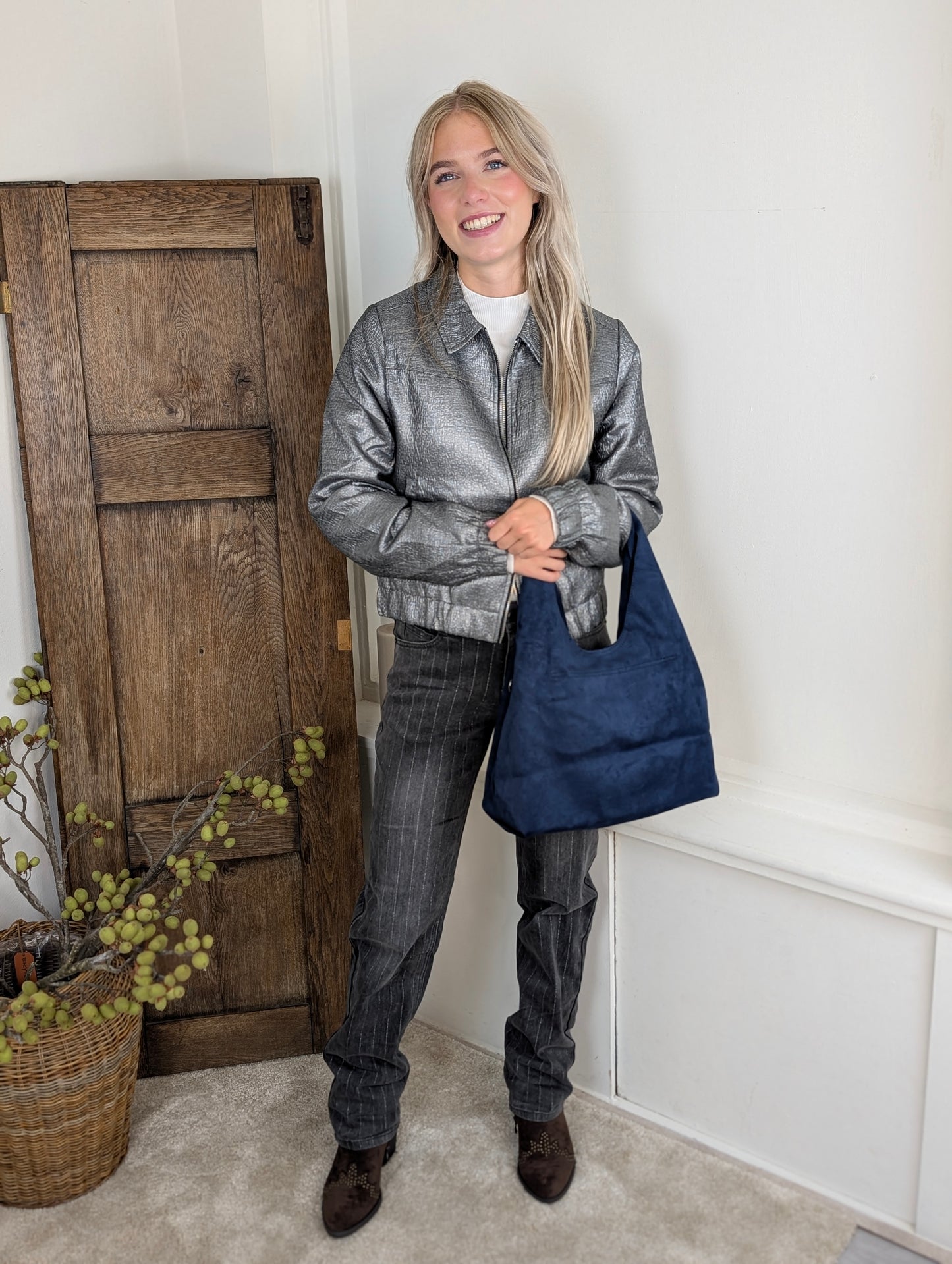 Red Button Patty Lurex Pinstripe - Grey Denim