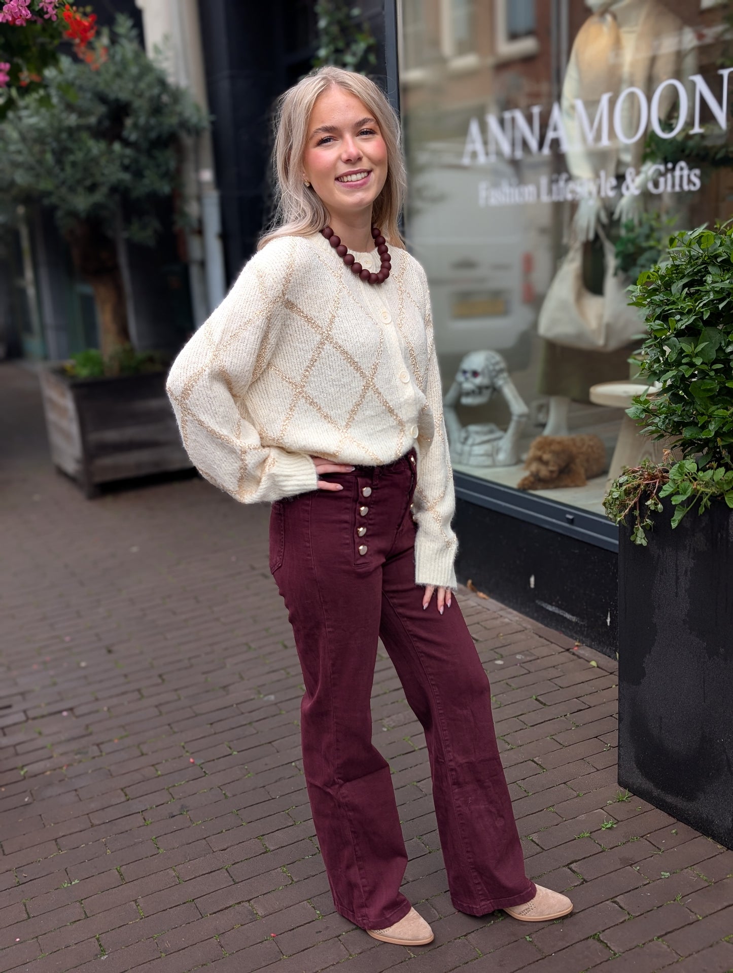 Folyrose wide leg met knopen - Bordeaux rood