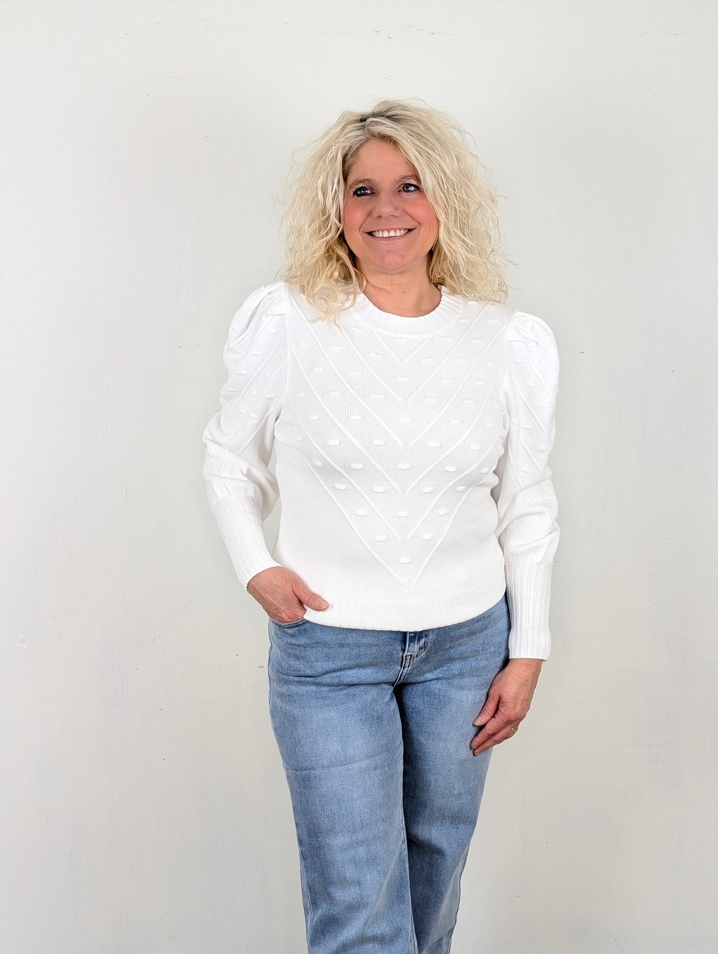 Suze trui pofmouwen v print - Wit