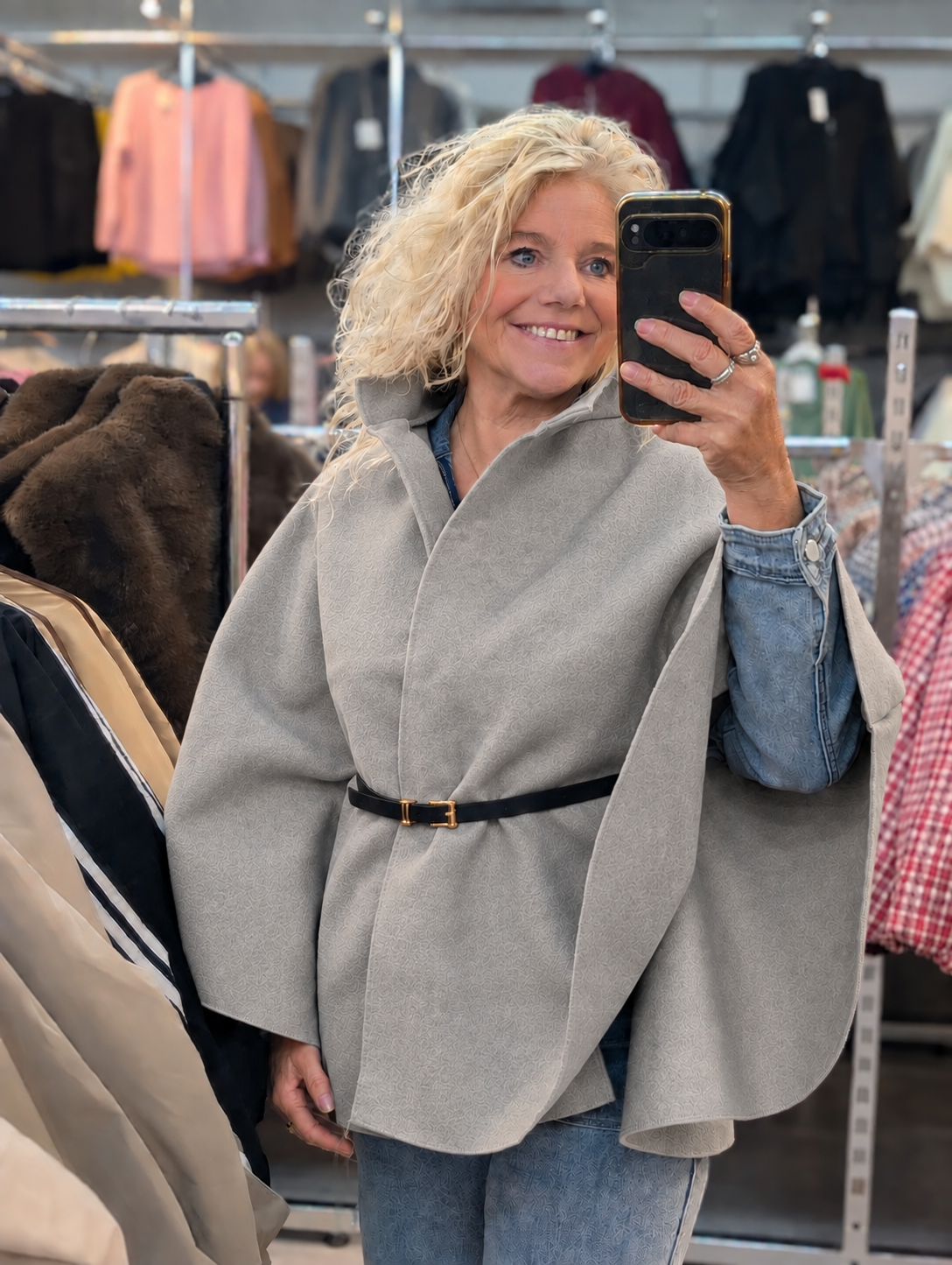 Moons poncho met riem - Grijs