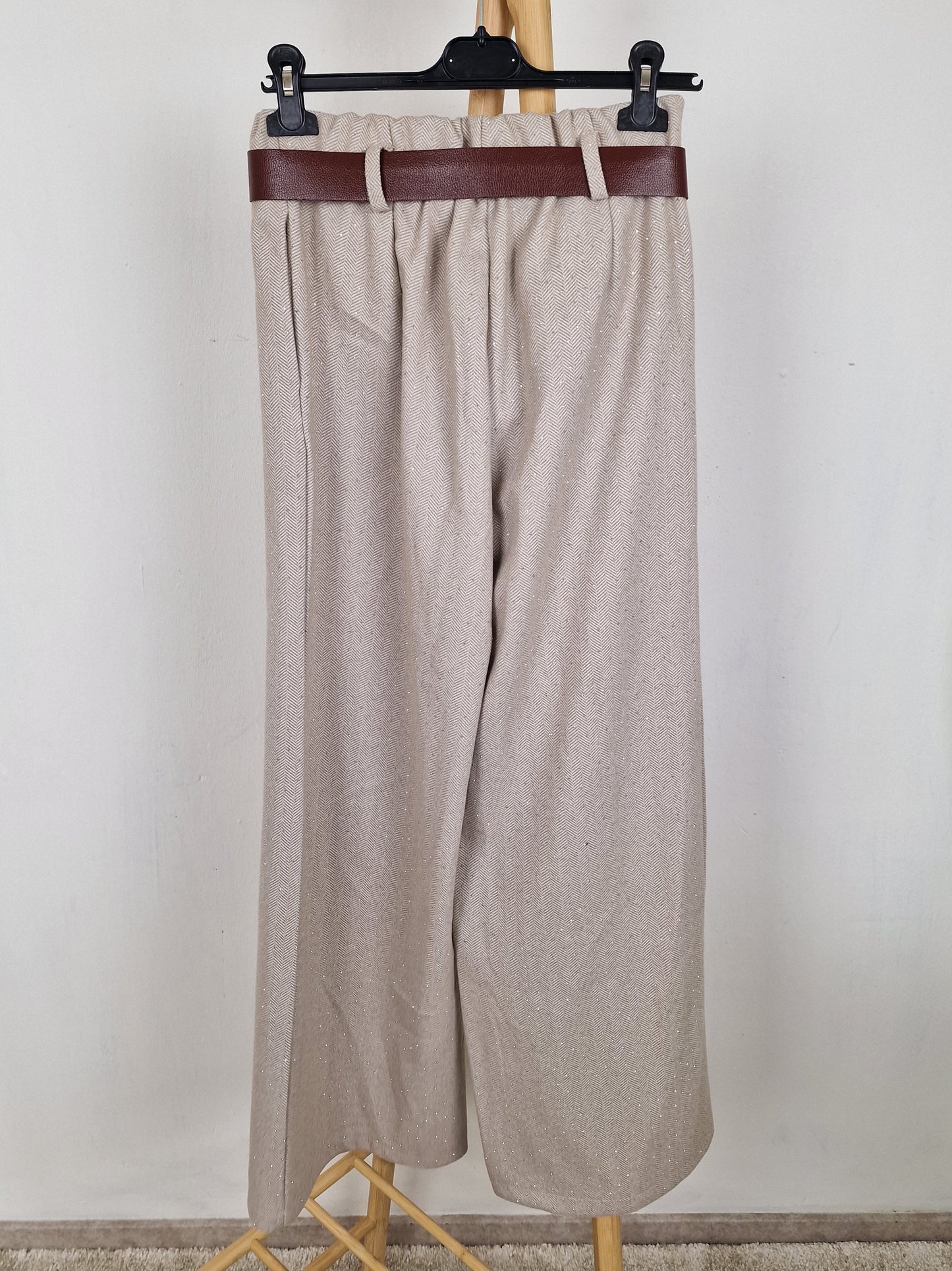 Liv Pantalon met riem wide leg- Glitter Creme