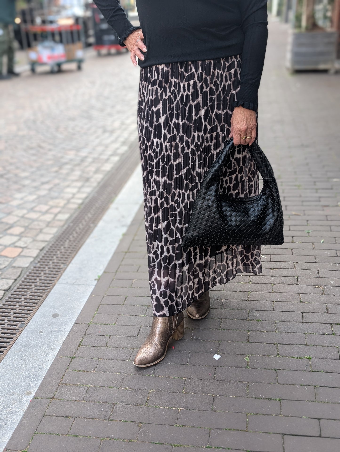 Liza plise rok - Zwart/ creme panter