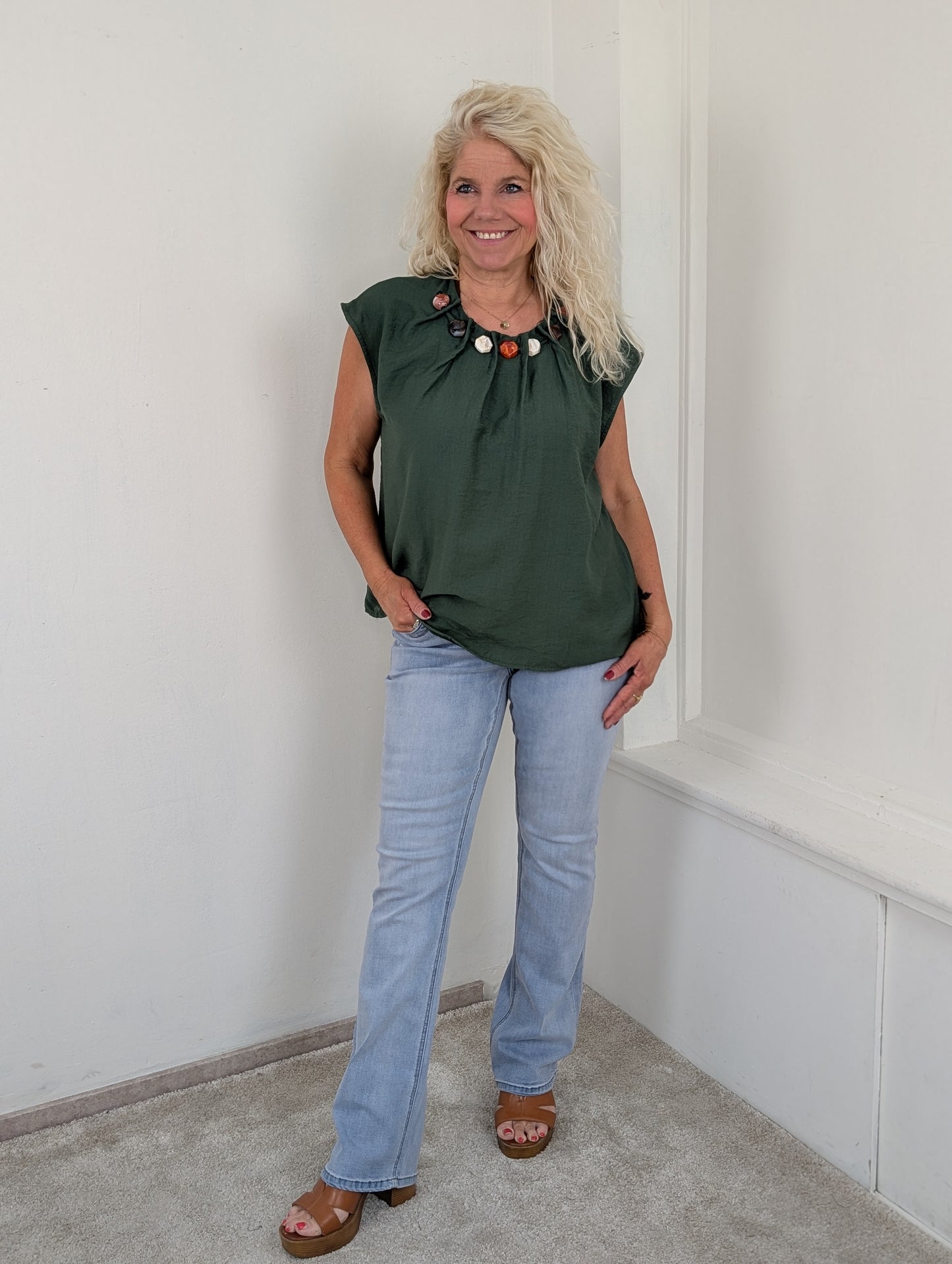 Stone beads blouse top - Army groen