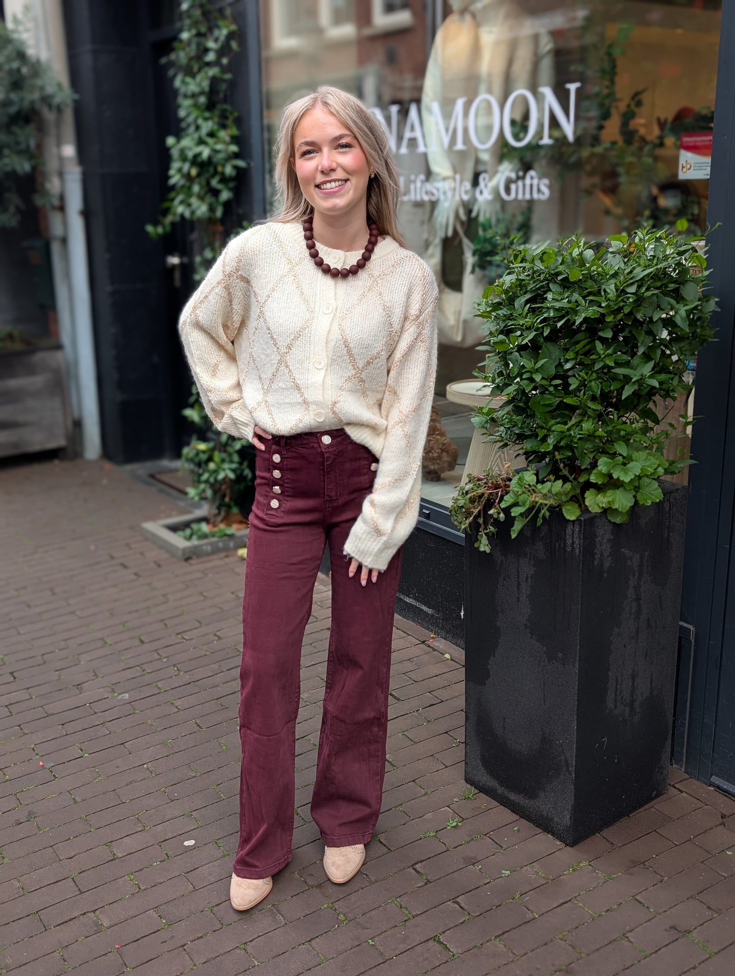 Folyrose wide leg met knopen - Bordeaux rood