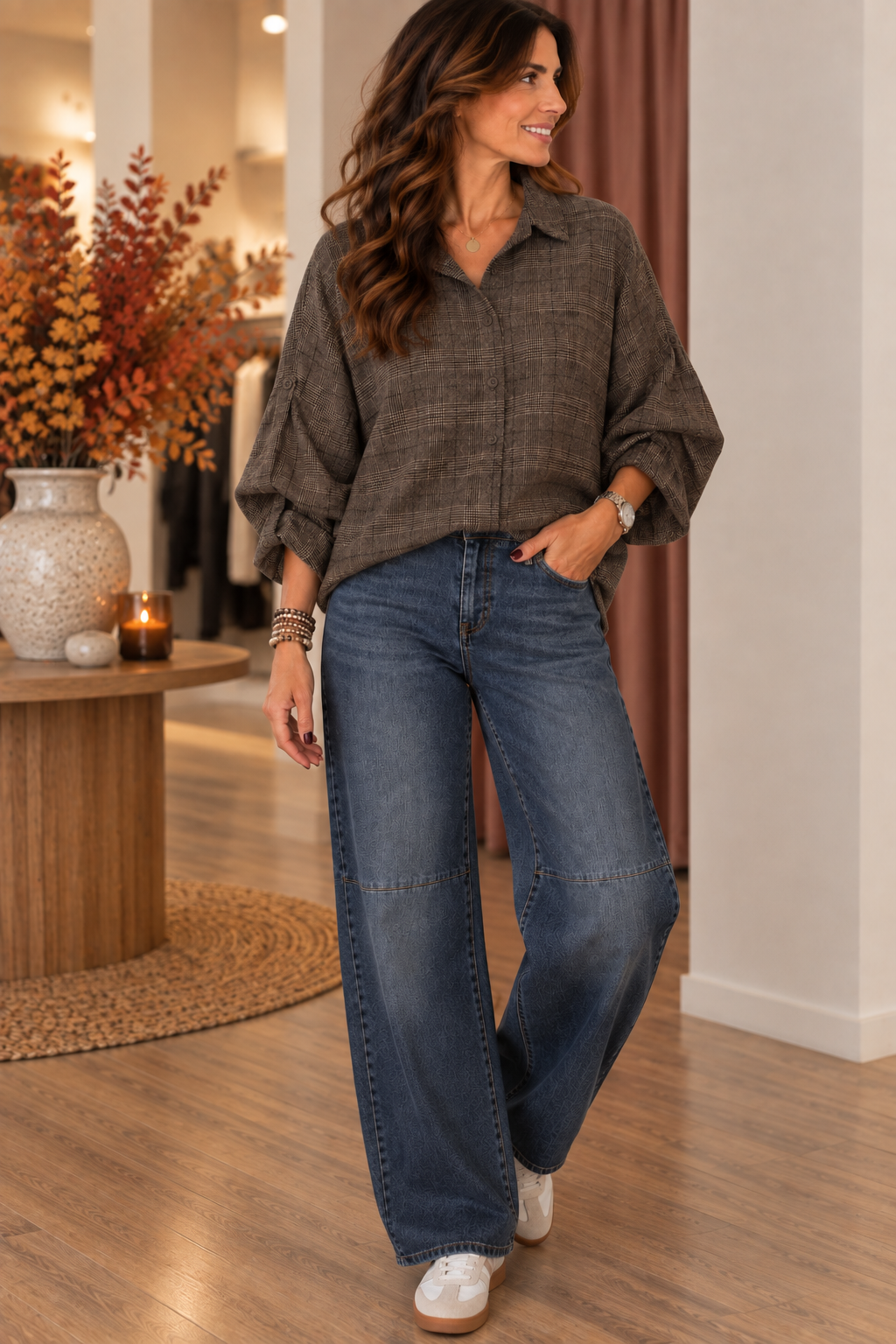 Kuram ruitjes blouse - Taupe / creme / zwart