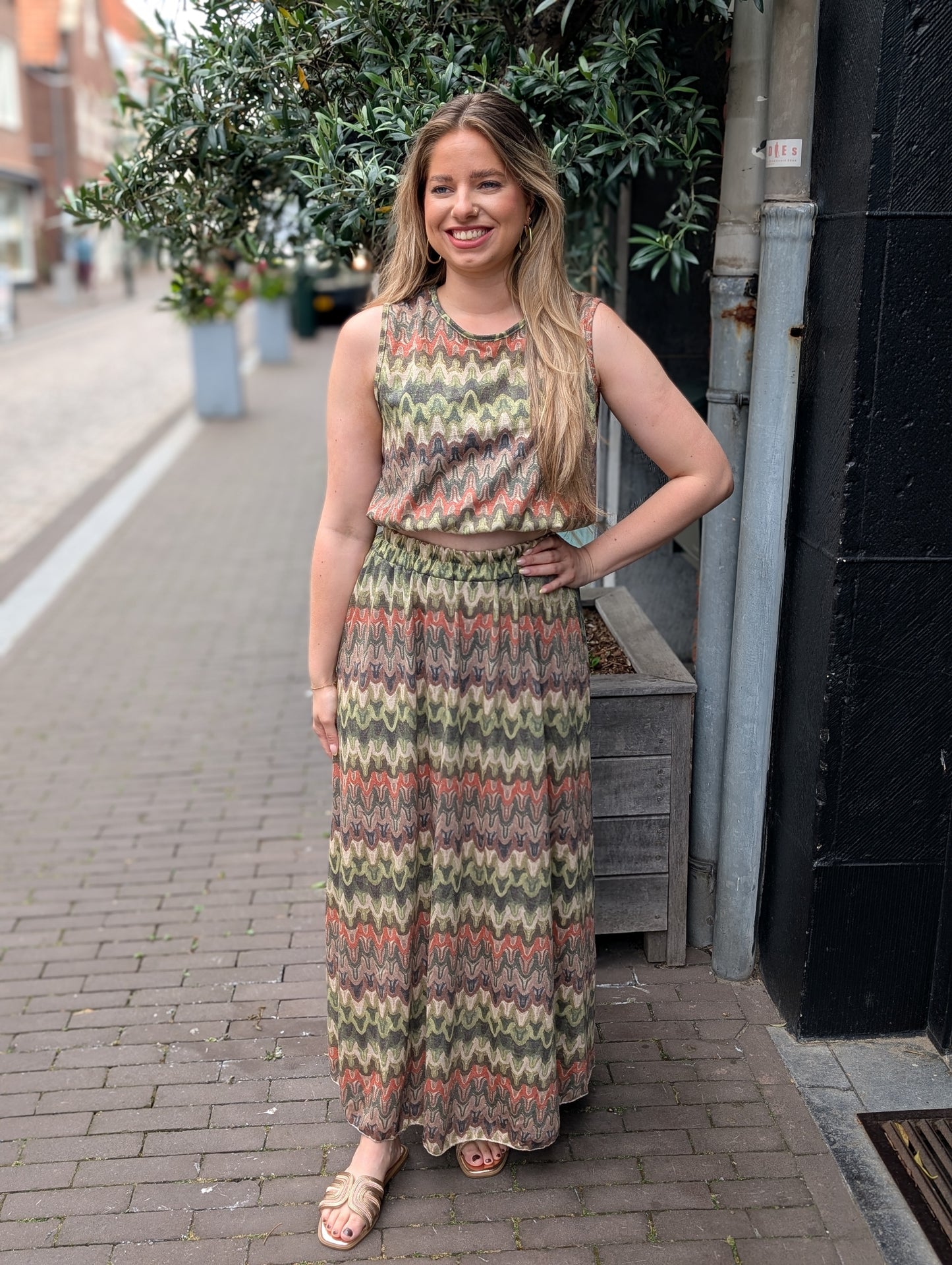 Vif print rok - Groen / bruin / creme