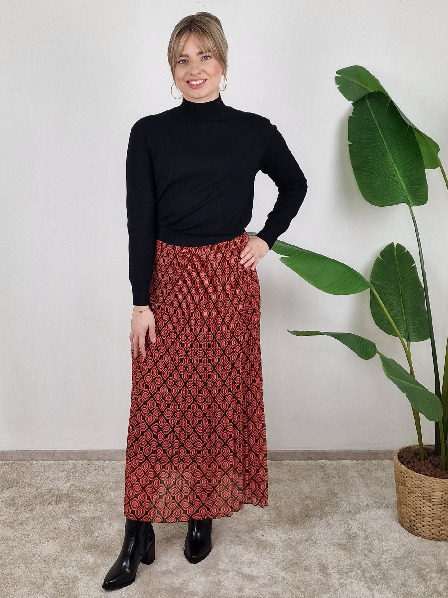 Plisee print rok- Orange/ roze/ donker bruin