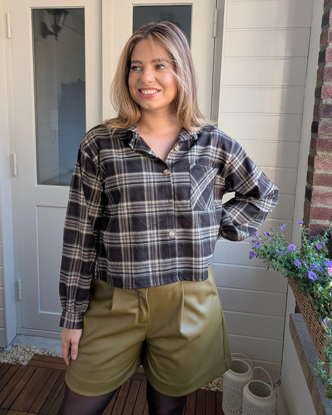 Korte ruitjes blouse Ella - Bruin/Groen