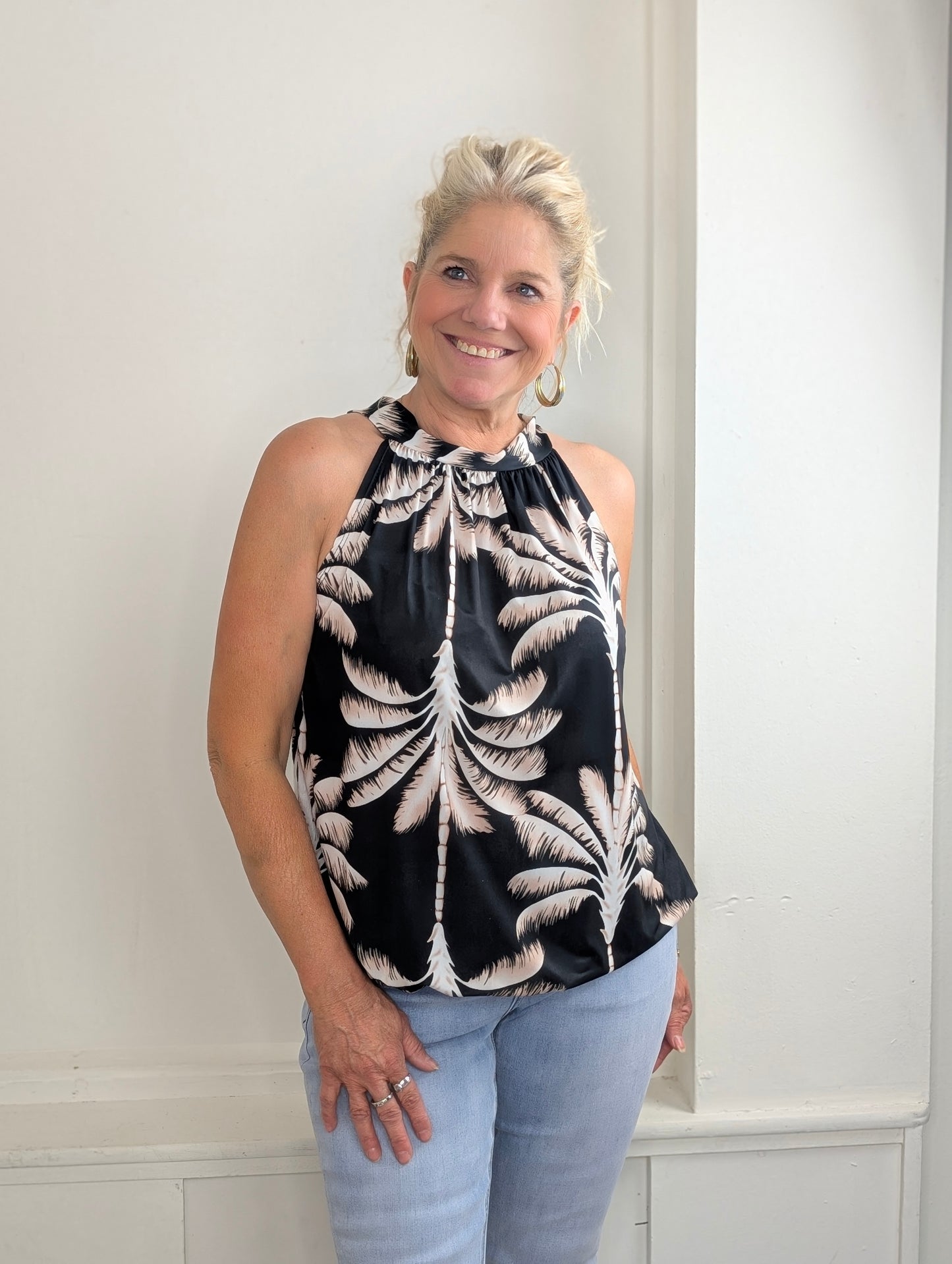 Haltertop palm print - Beige / Taupe / Zwart