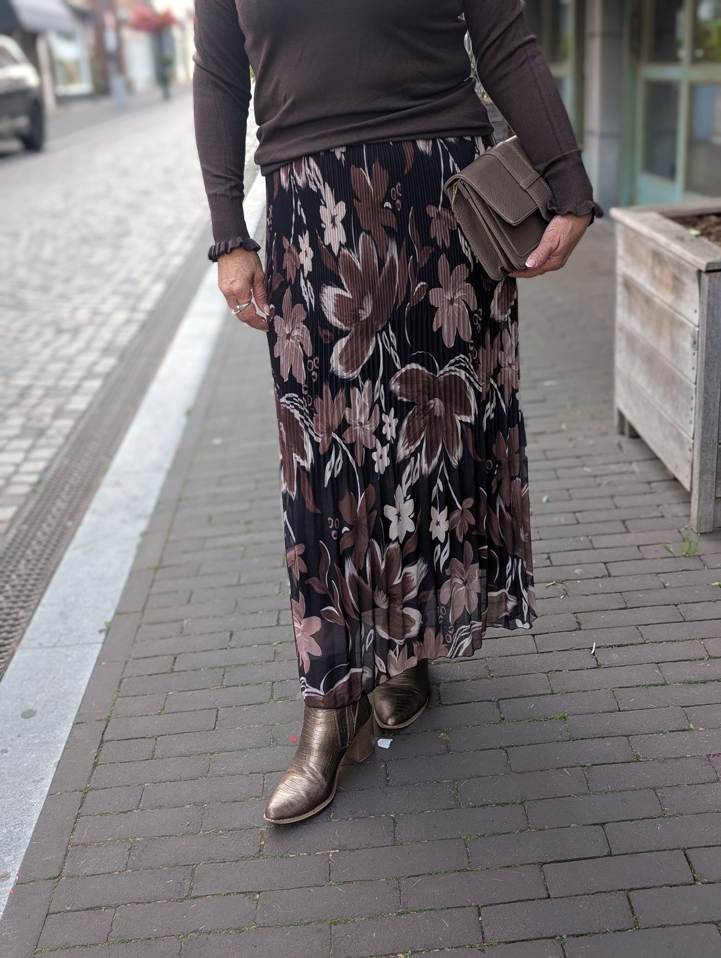 Liza plise rok - Bloemen print bruin