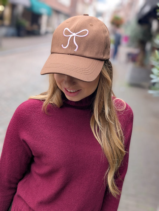 Pet met strik - Bruin/Roze