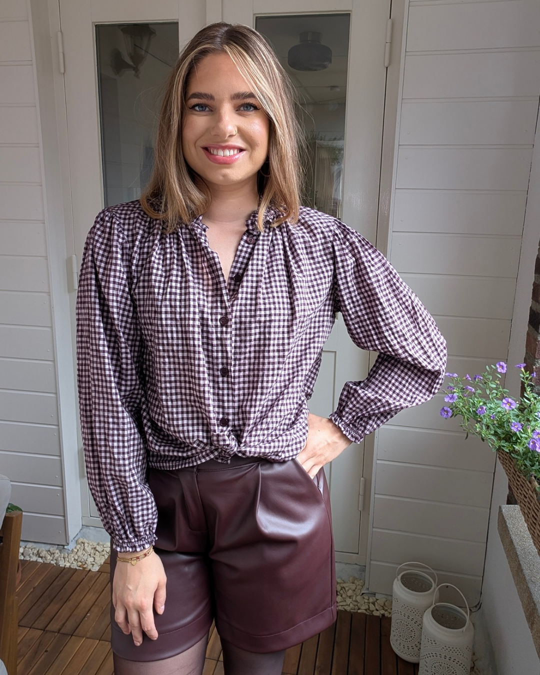 Ruffle Check Blouse – Aubergine