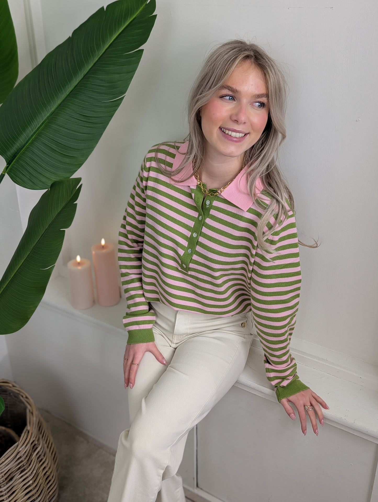 Gestreepte longsleeve polo - Groen/Roze