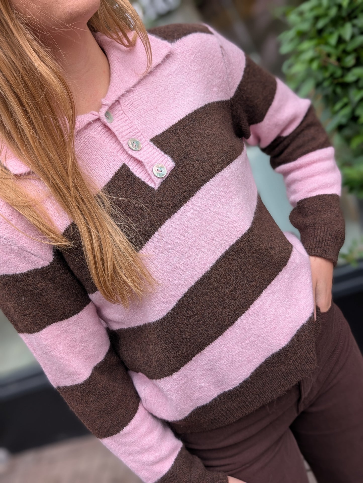 Gestreepte polo trui Gwen - Roze/Bruin
