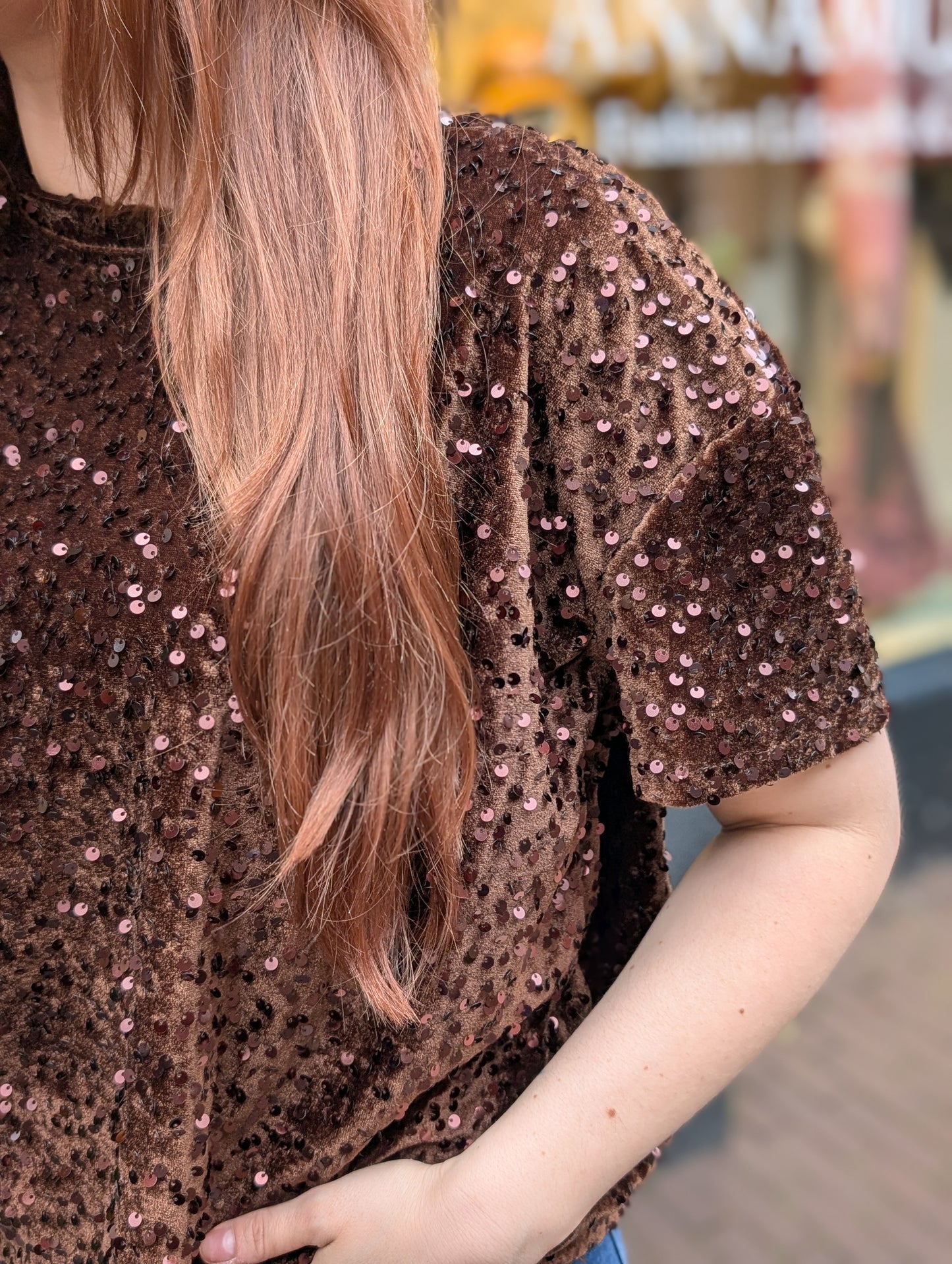 Jone pailletten trui met pof mouw - Donker bruin