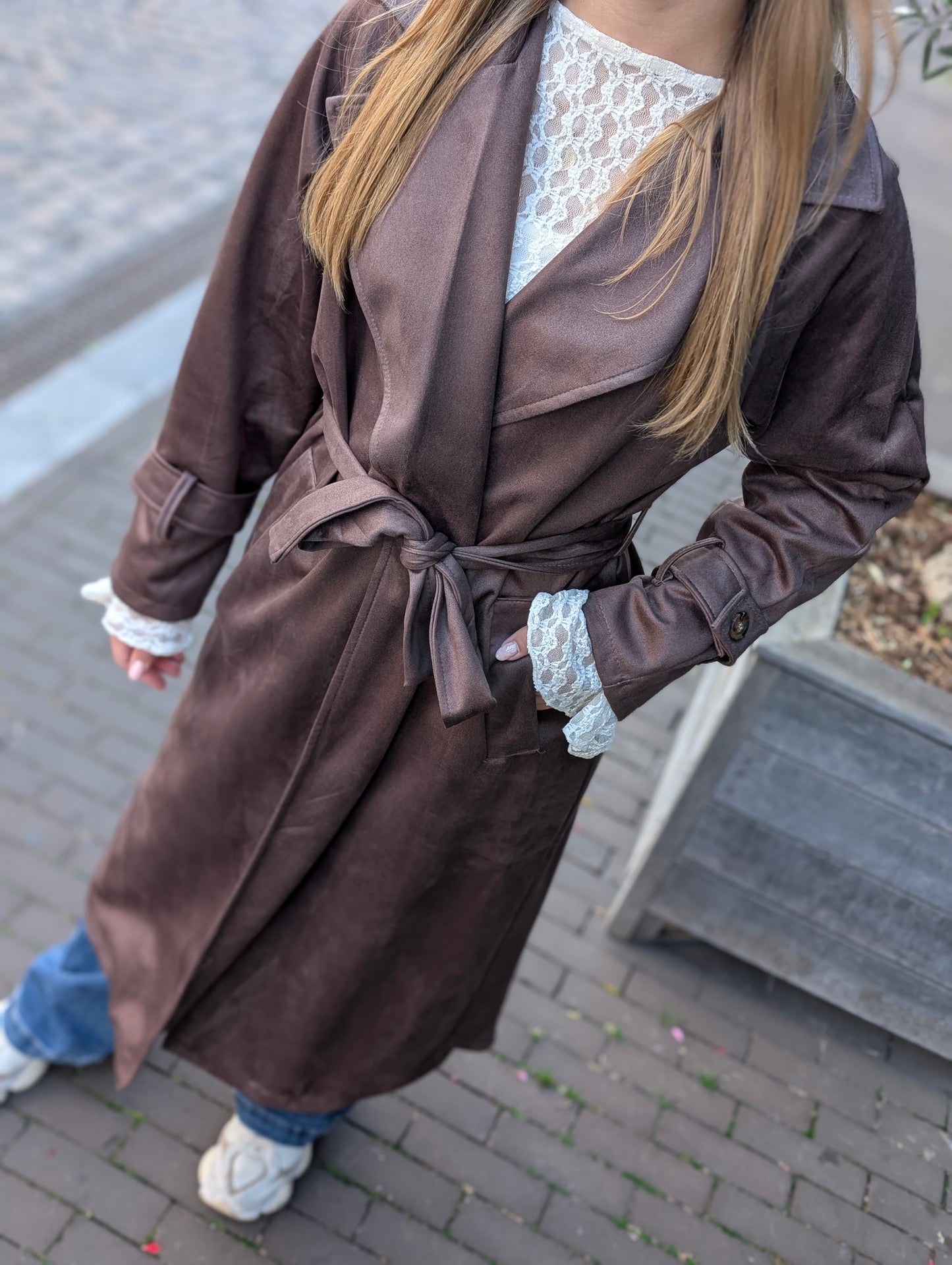 Suède look trenchcoat Fenny - Bruin