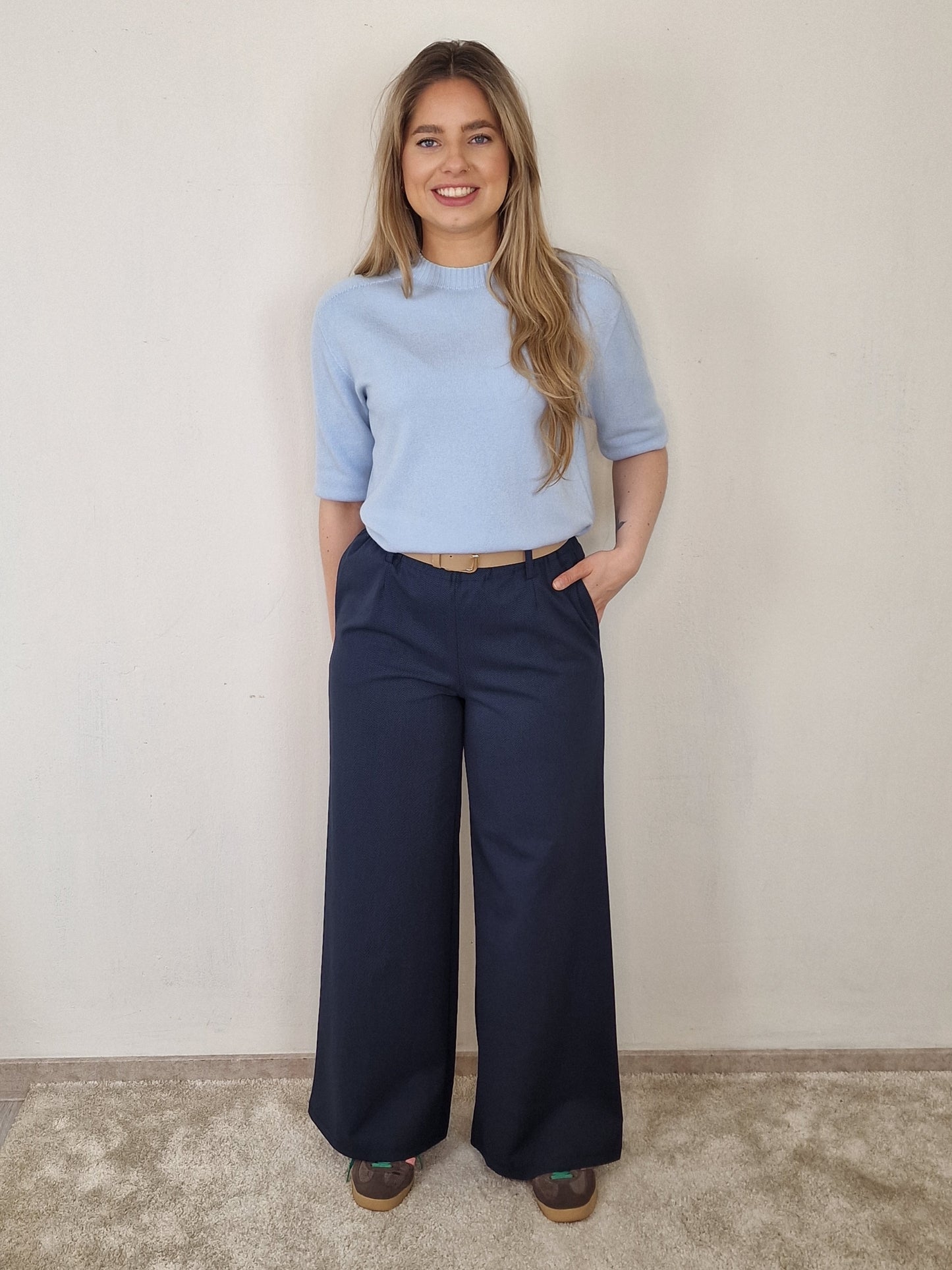 Janneke wide leg pantalon met riem - Donker blauw