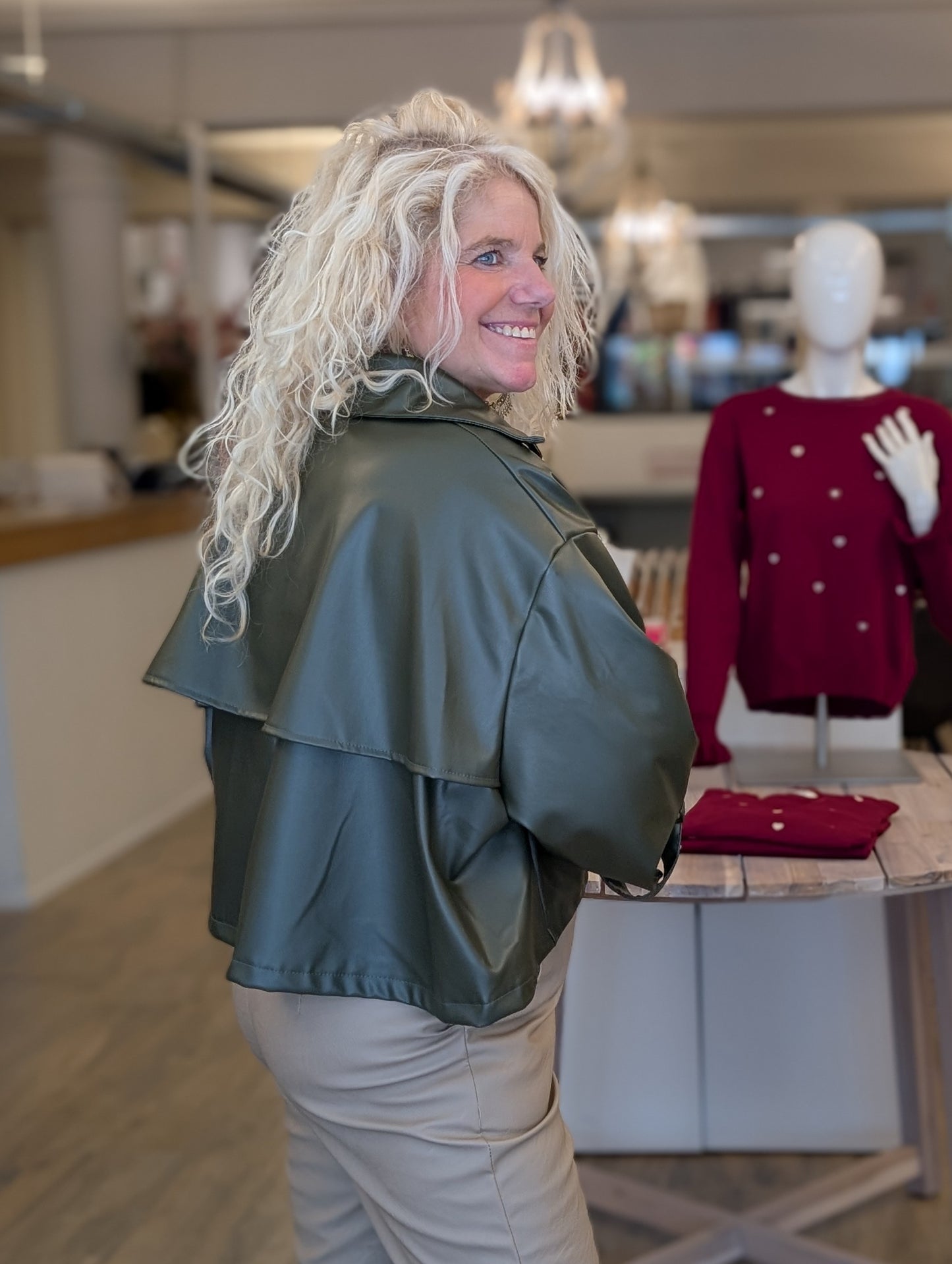 Korte leren oversized trenchcoat - Groen