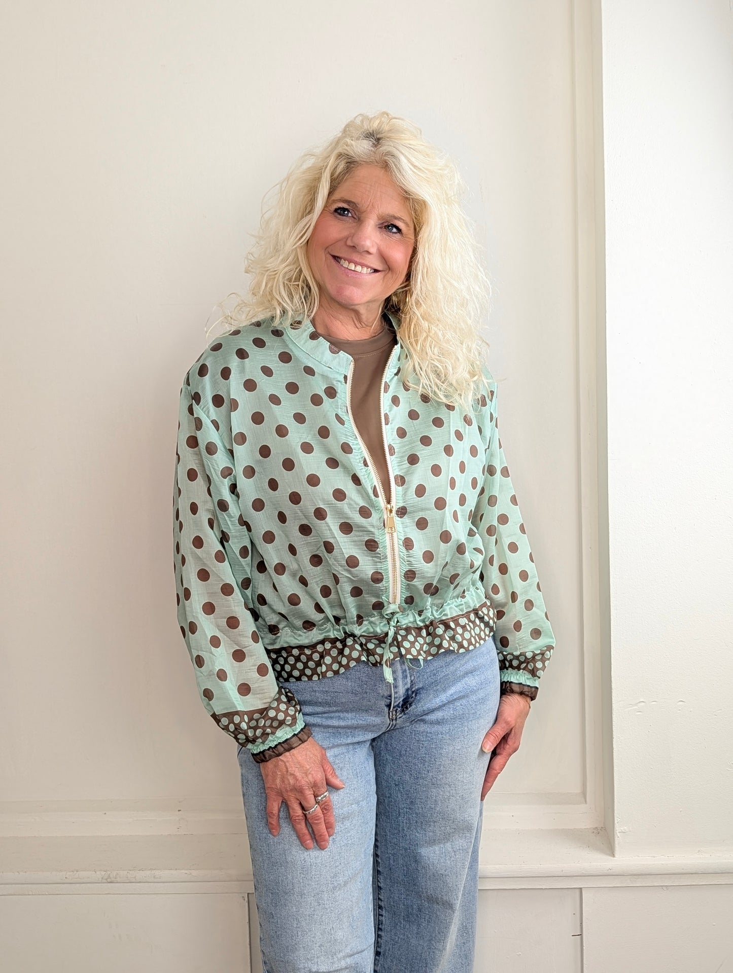 Blouse/vest bomber Polkadots - Mintgroen/Bruin