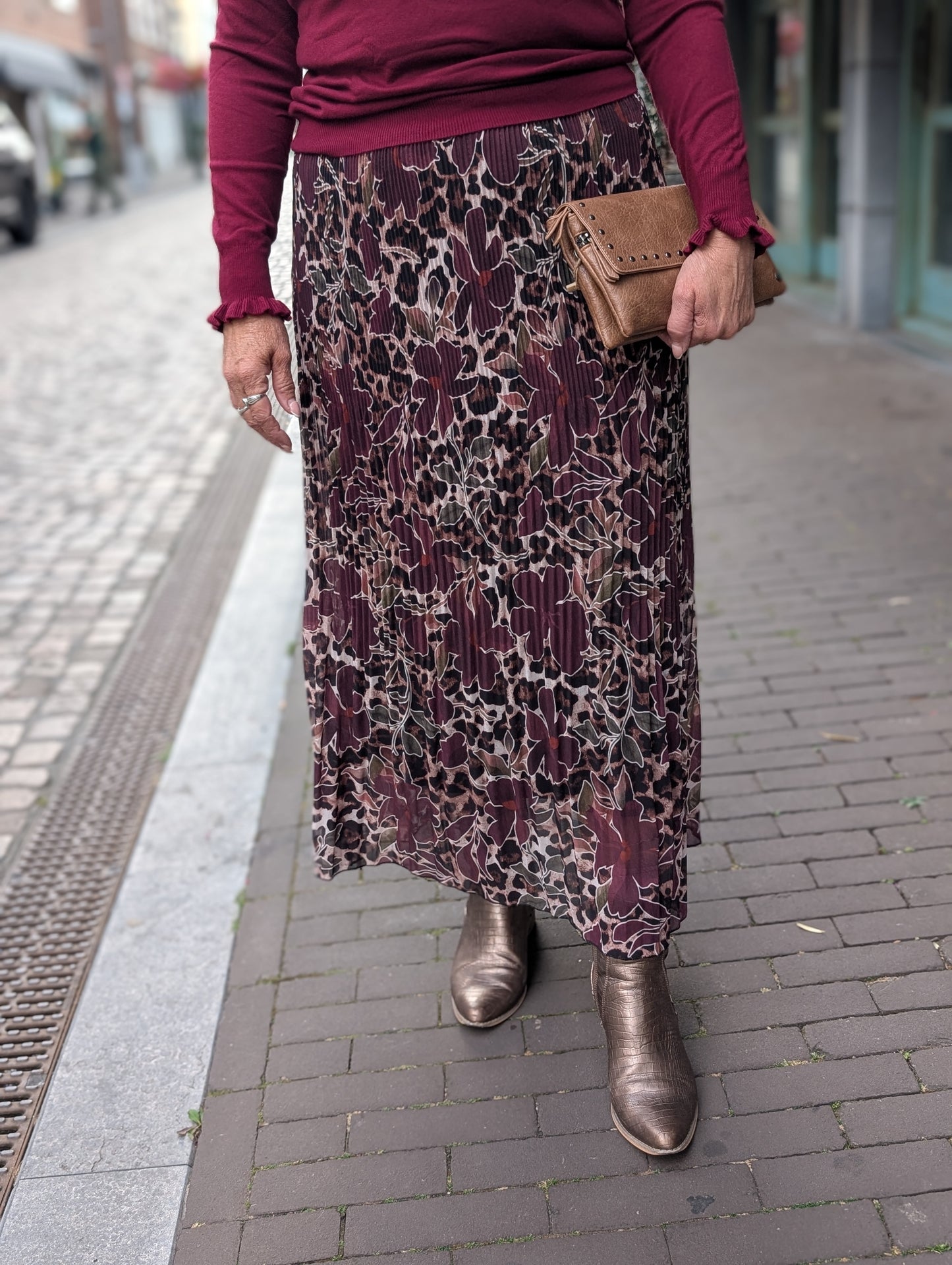 Liza plise rok - Bloemen wijn rood