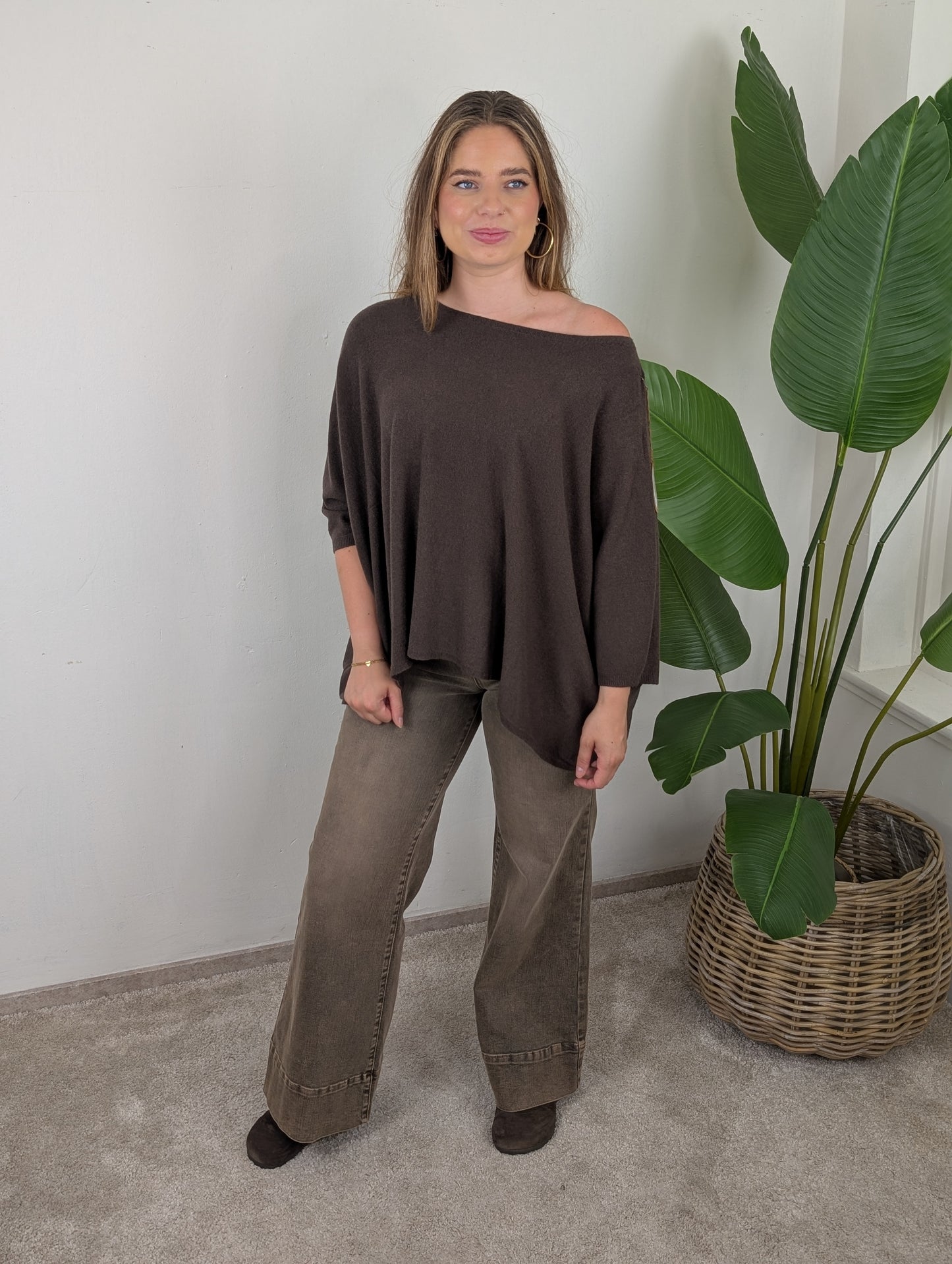 Oversized basis vleermuis trui - Bruin