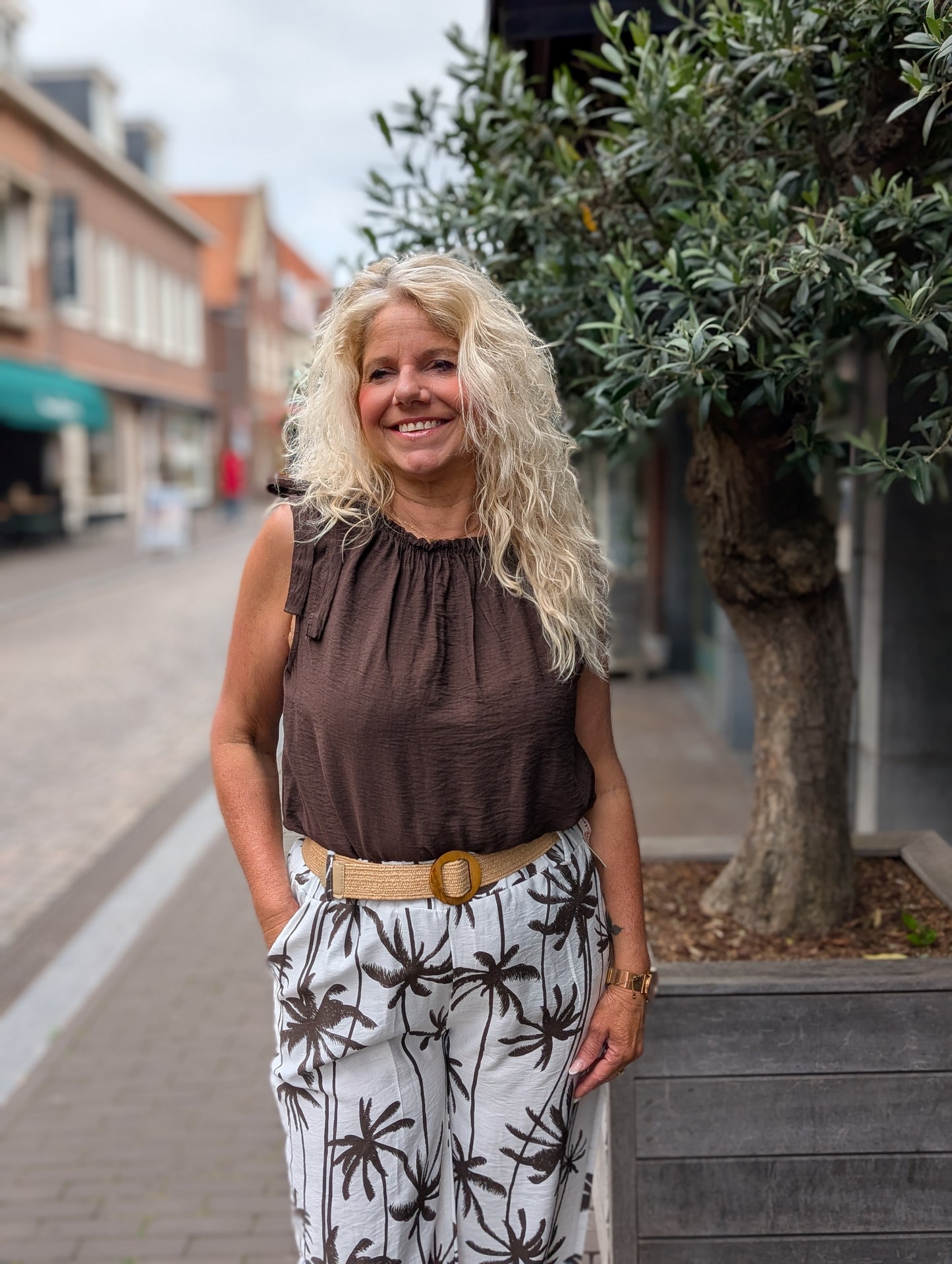 Babs palm pantalon - Off white/ bruin met riem