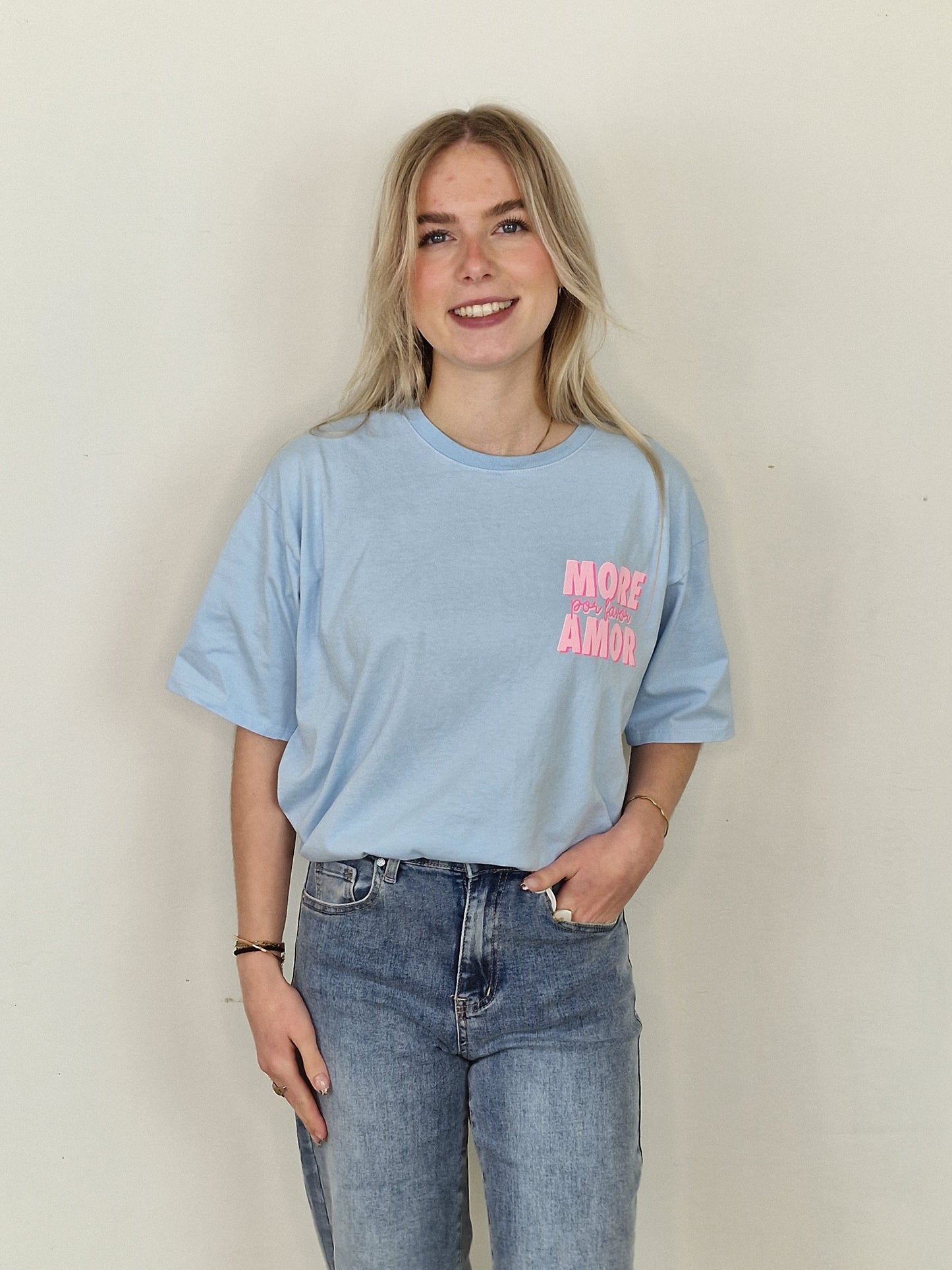 More por favor amor shirt - Licht blauw/ roze