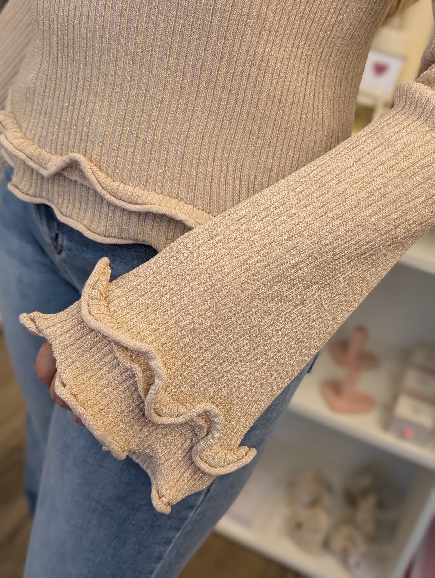 Olyf trui met een fijn glittertje - Beige