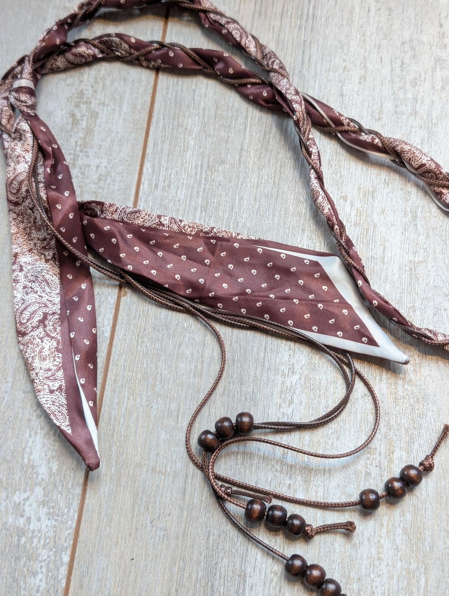 Print riem met sjaaltjes en kralen - Bruin / creme