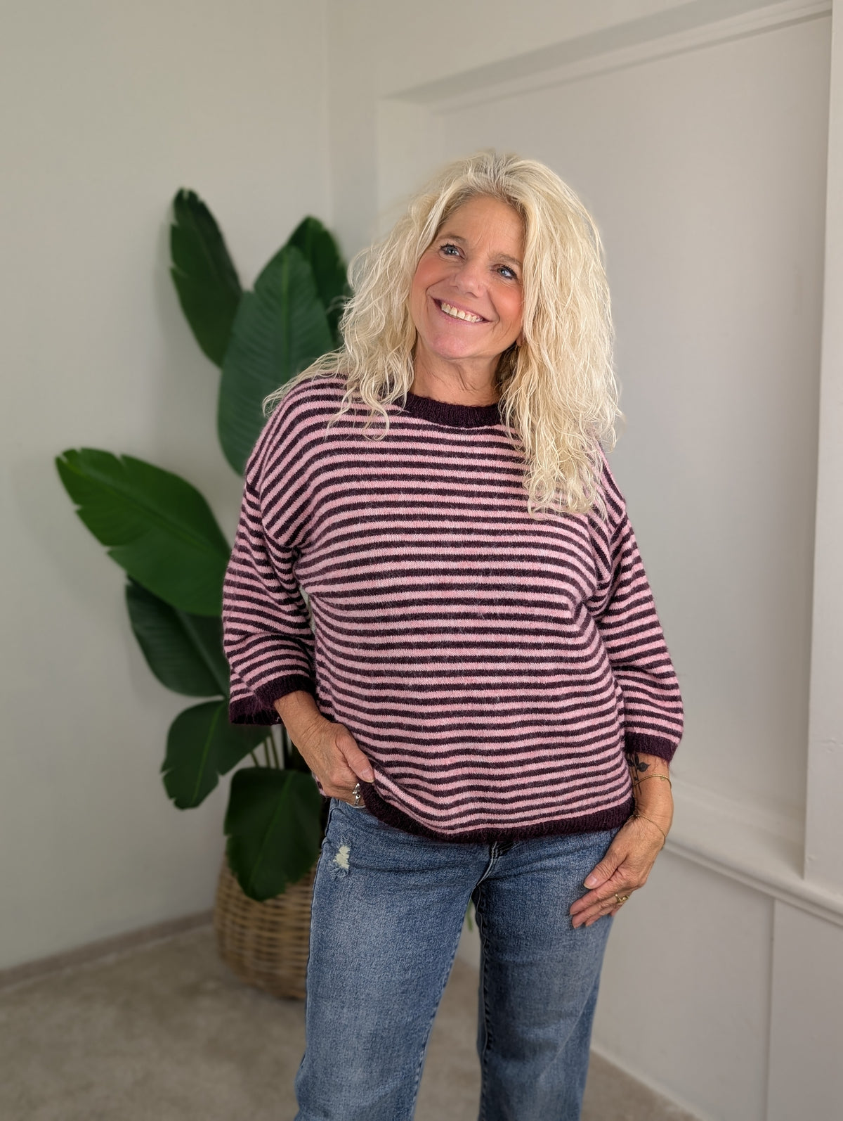 Gila streep gebreide trui - Wijn rood / roze