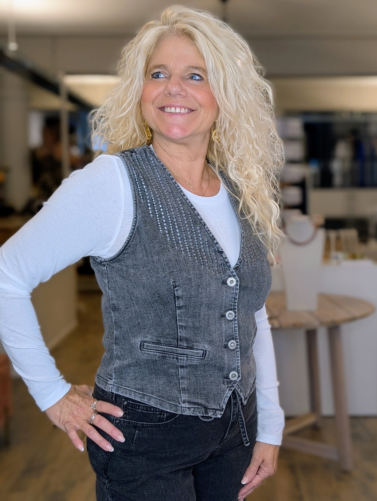 Red Button Waistcoat Embroidery Grey