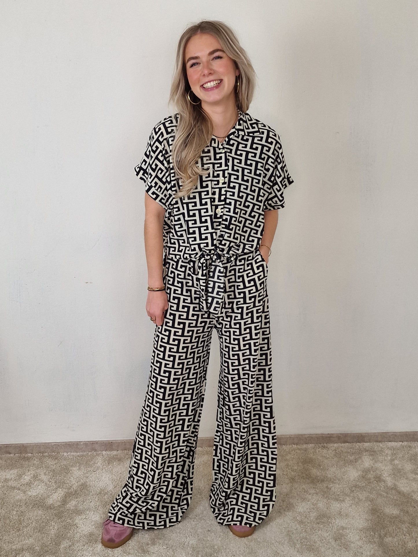 Nicole pantalon - geometrisch print creme/ zwart print