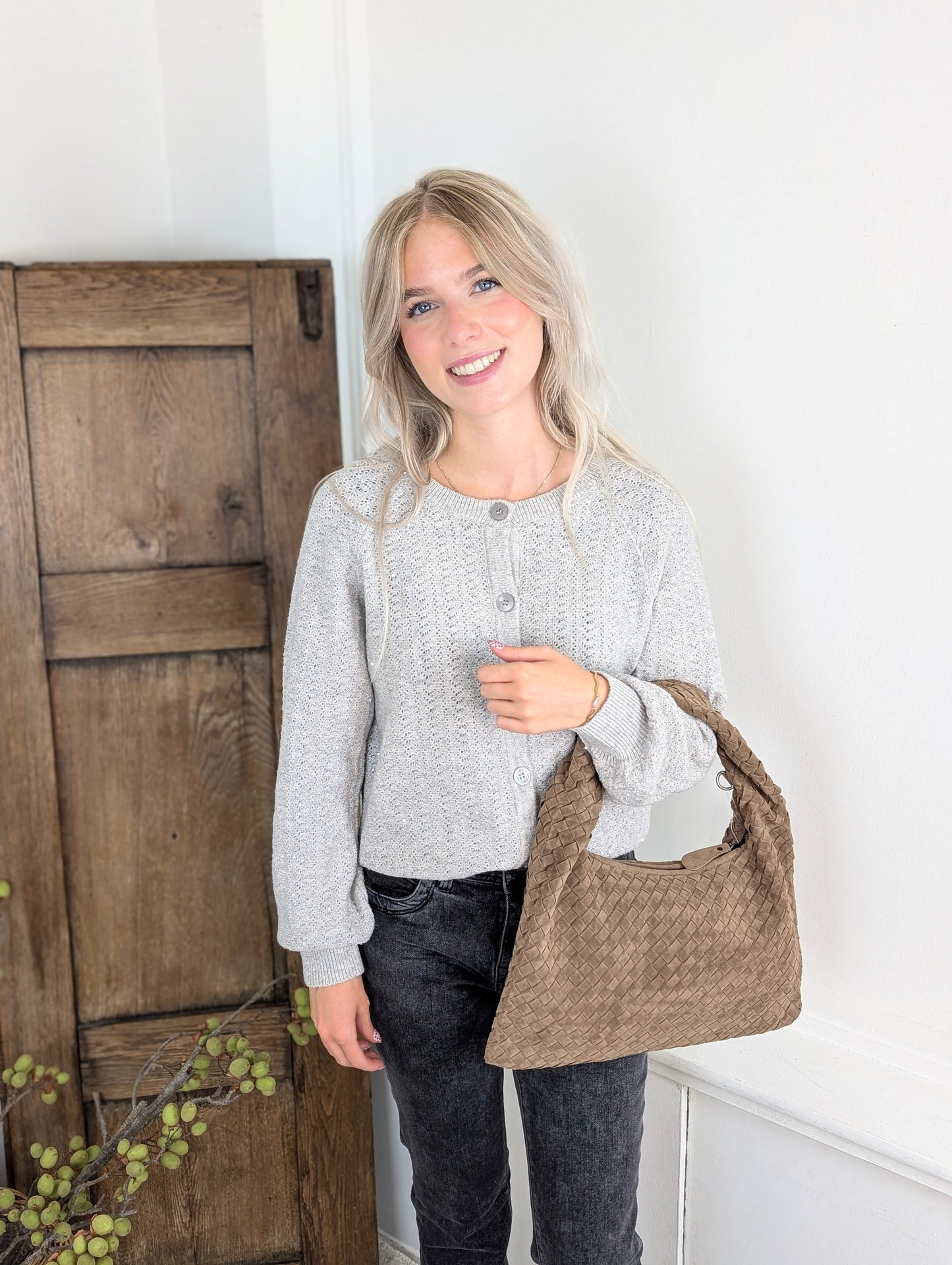 Red Button Cardigan Ajour Sparkle Stone