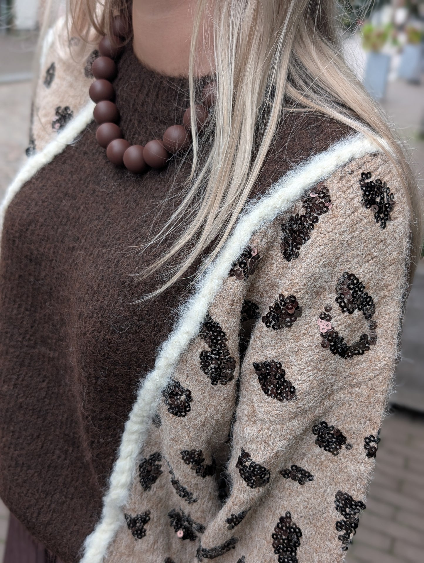 Gebreide trui met panter glitter Julia - Bruin mix