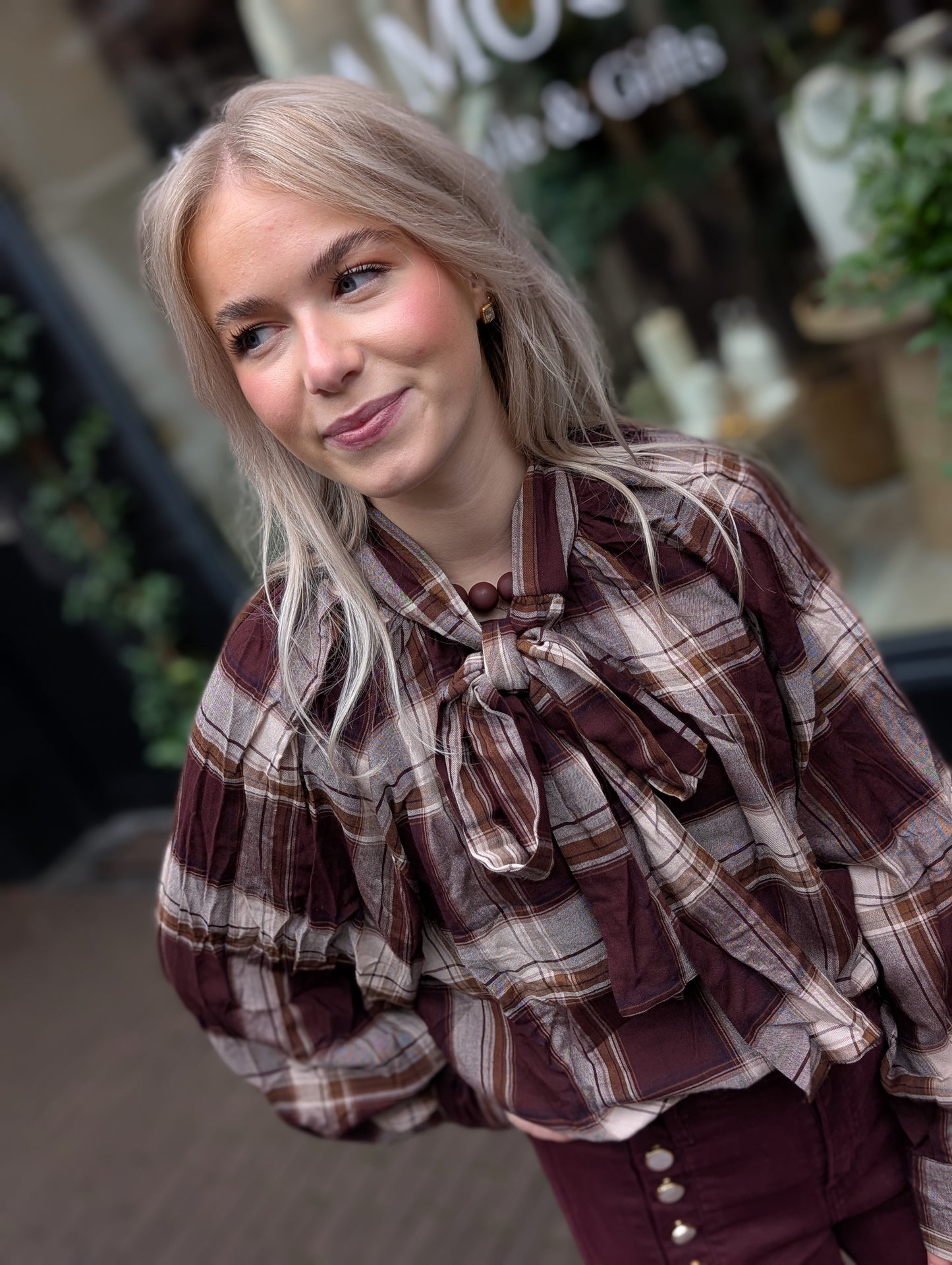 Geruitte strik blouse - Coffee