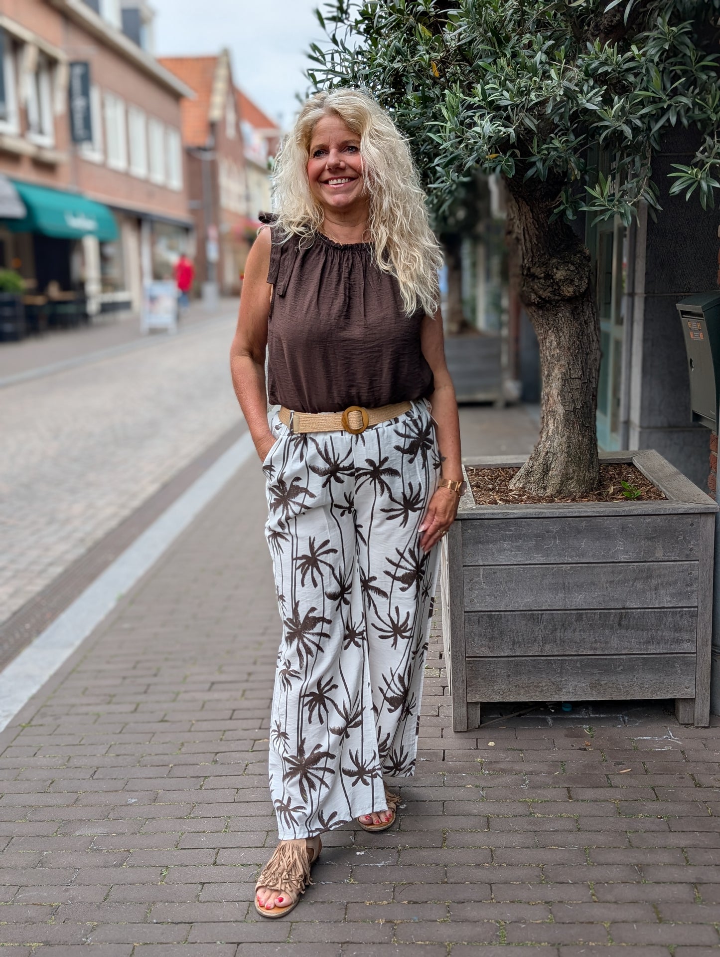 Babs palm pantalon - Off white/ bruin met riem
