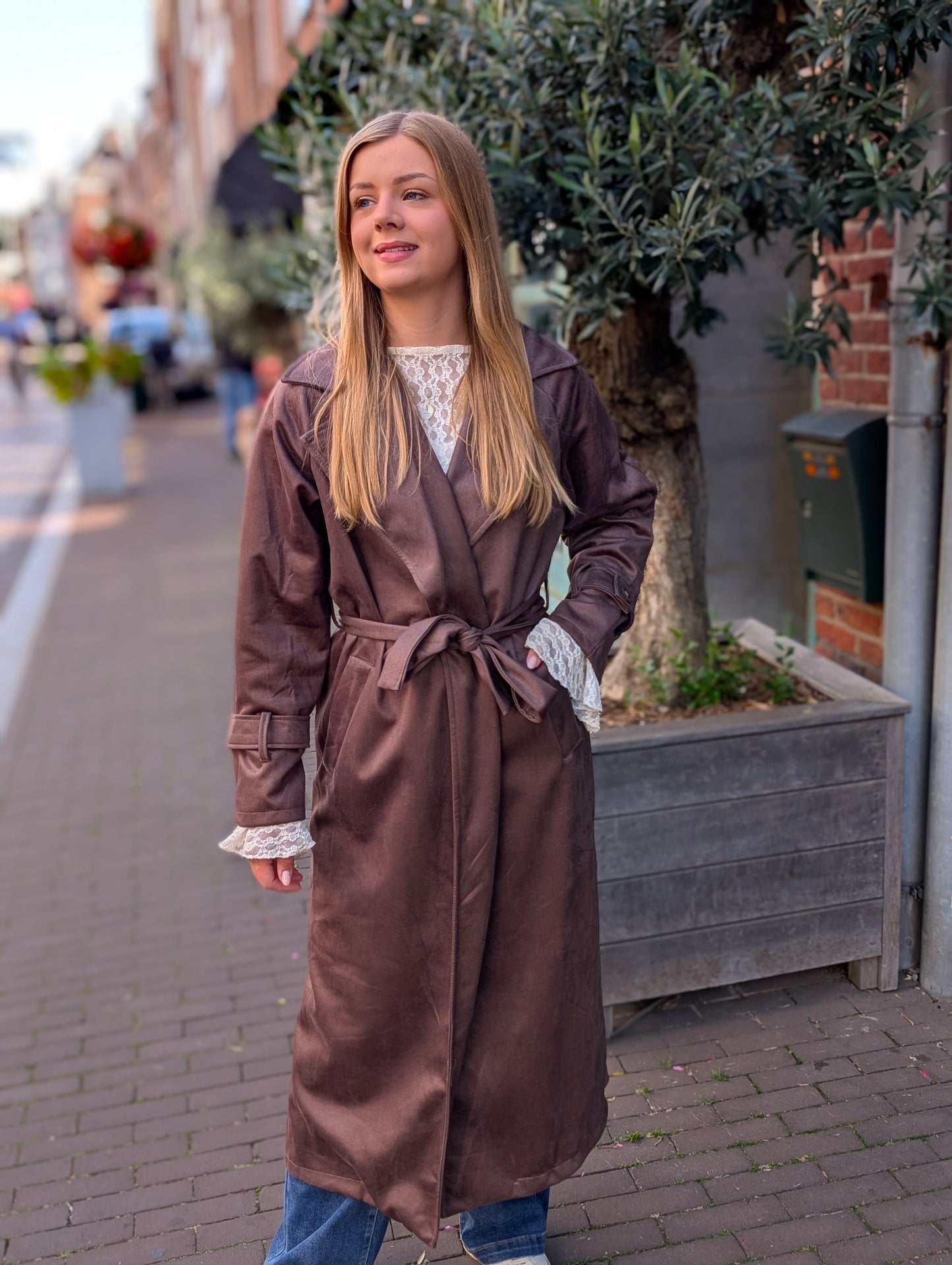 Suède look trenchcoat Fenny - Bruin